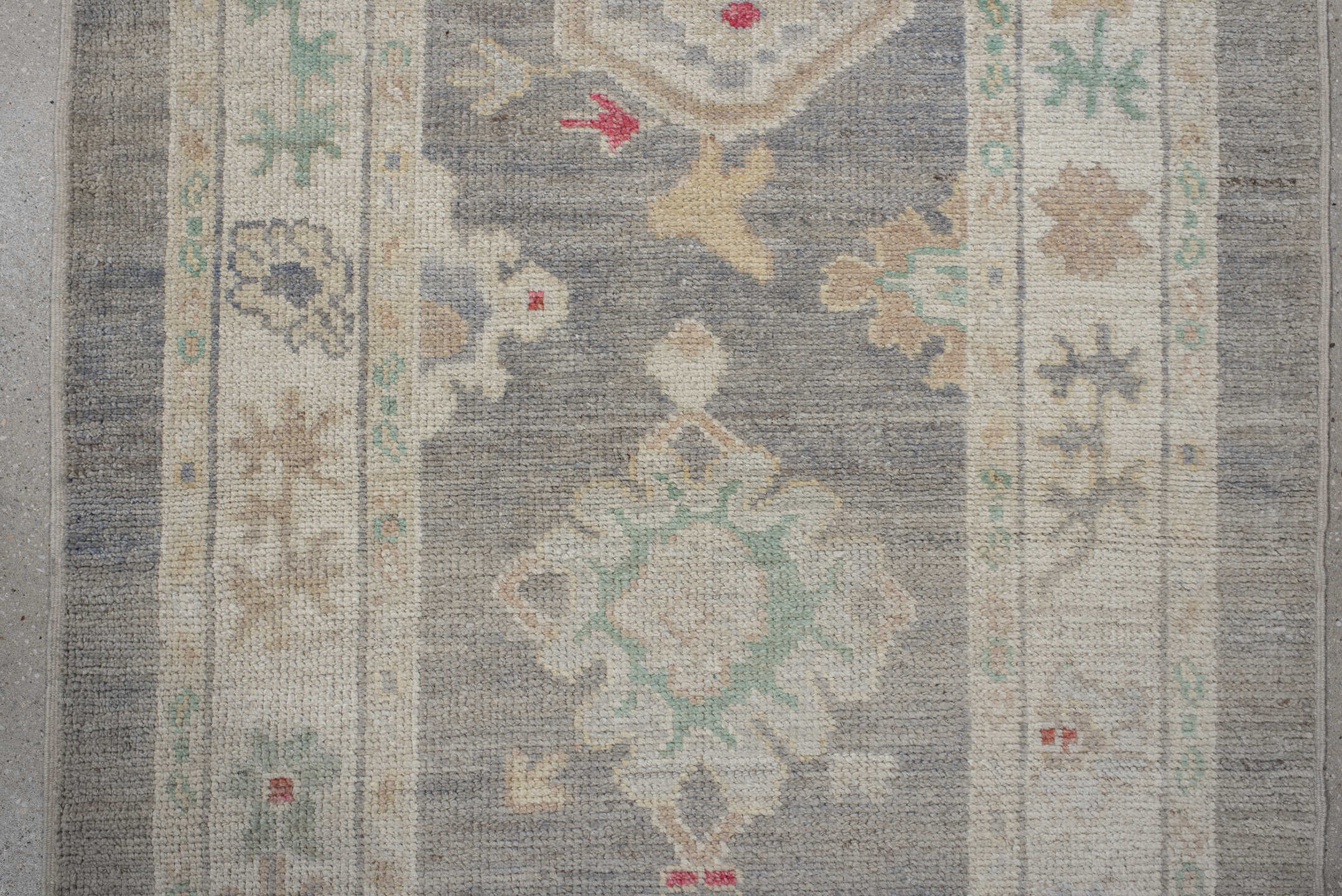 3' x 10' one-of-a-kind handmade vintage Oushak runner rug. Color palette: gray, ivory, cream, sage, taupe, rose, beige