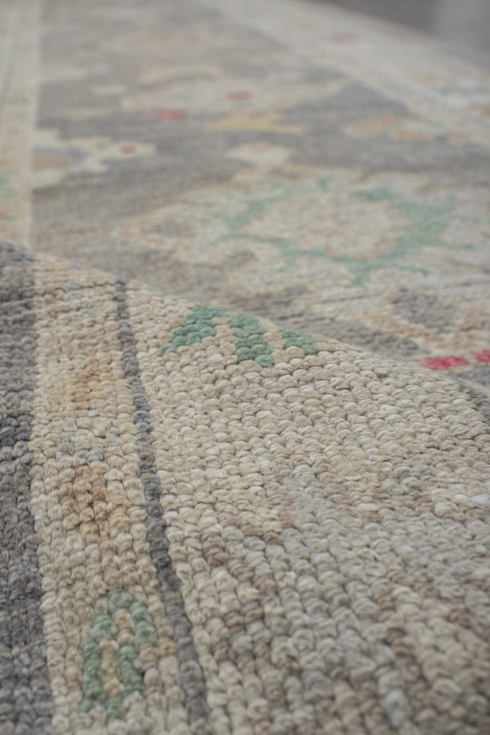 3' x 10' one-of-a-kind handmade vintage Oushak runner rug. Color palette: gray, ivory, cream, sage, taupe, rose, beige