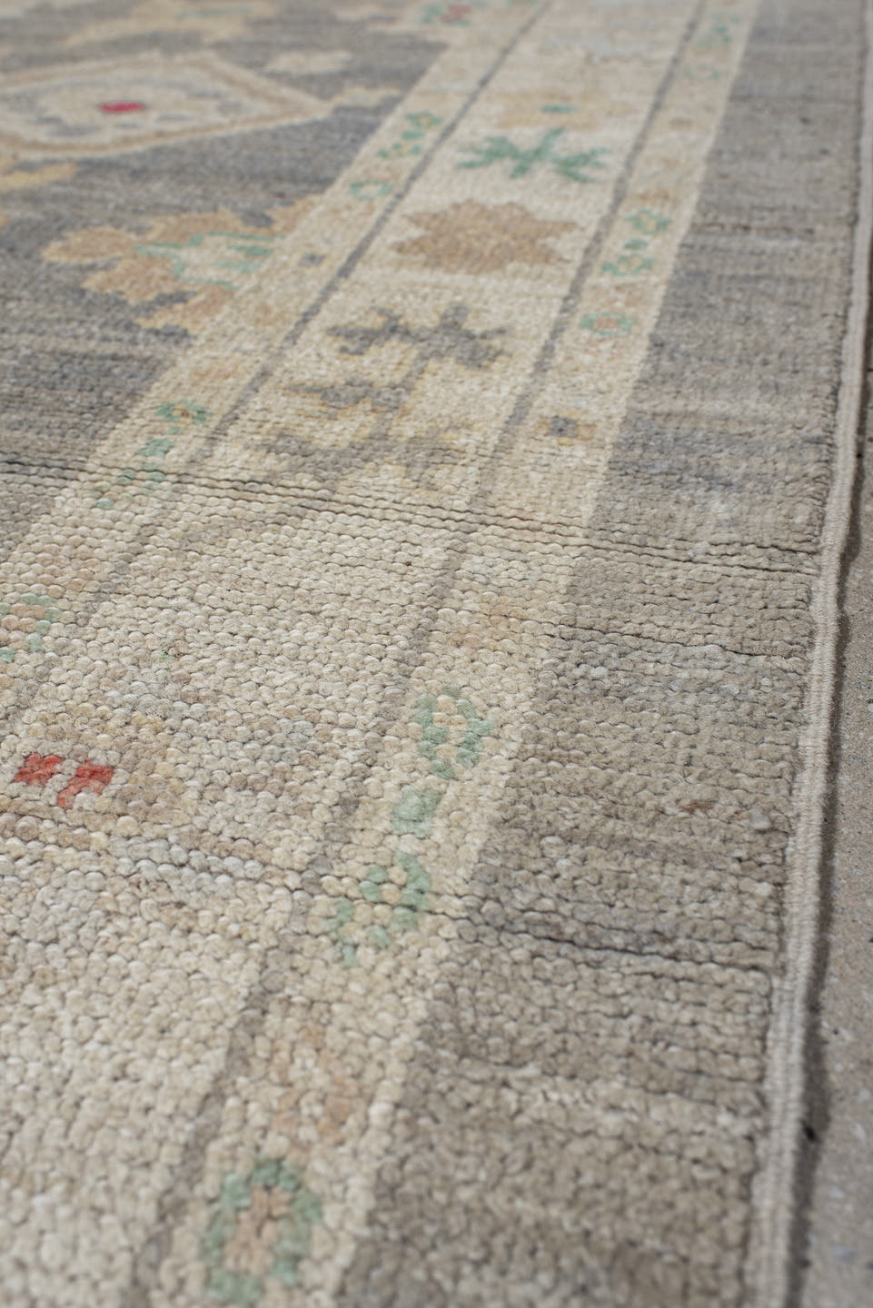 3' x 10' one-of-a-kind handmade vintage Oushak runner rug. Color palette: gray, ivory, cream, sage, taupe, rose, beige