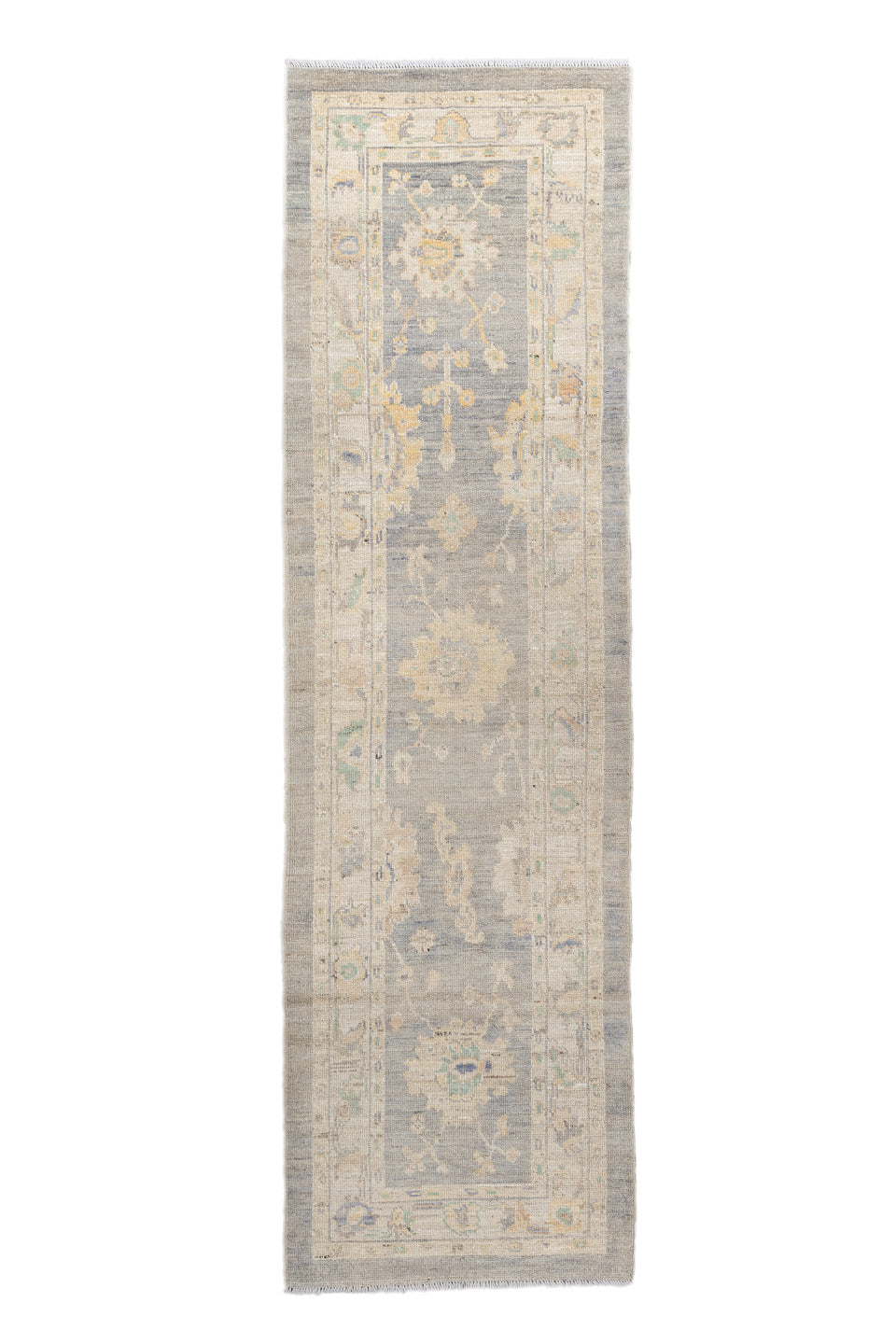 2' x 10' one-of-a-kind handmade vintage Oushak runner rug. Color palette: off-white, brown, yellow, gray, orange, light gray