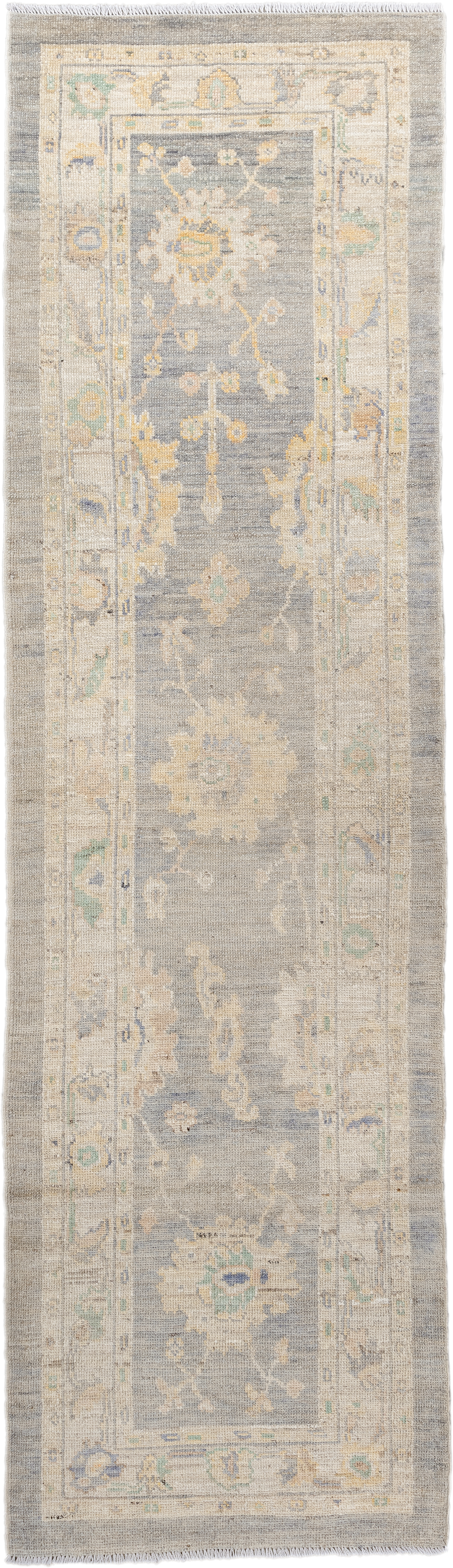 2' x 10' one-of-a-kind handmade vintage Oushak runner rug. Color palette: gray, ivory, cream, pale blue, sage, gold, taupe