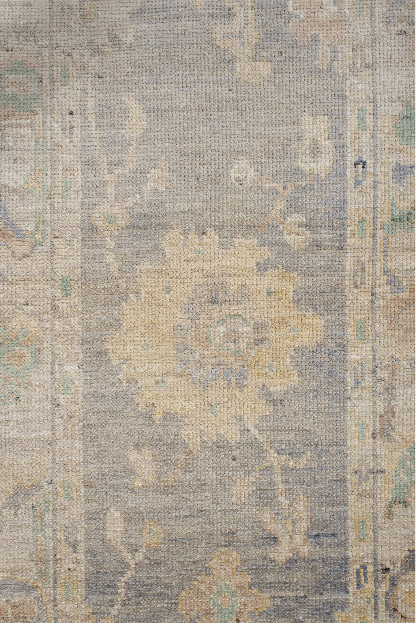 2' x 10' one-of-a-kind handmade vintage Oushak runner rug. Color palette: gray, ivory, cream, pale blue, sage, gold, taupe