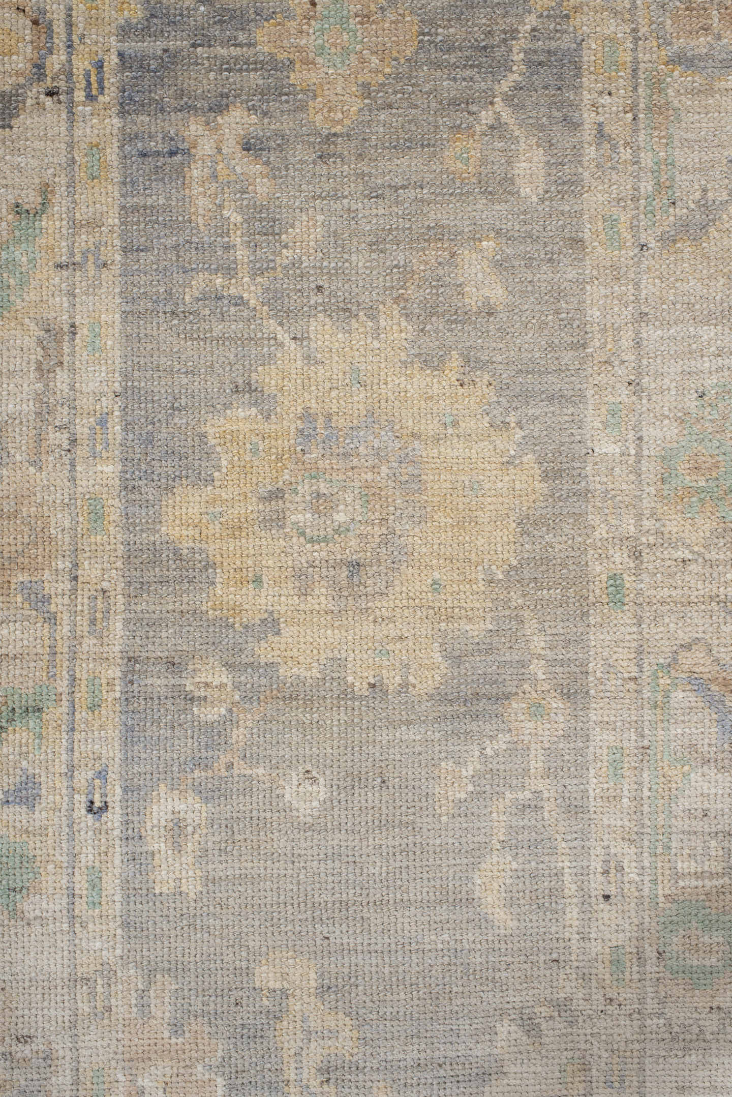 2' x 10' one-of-a-kind handmade vintage Oushak runner rug. Color palette: gray, ivory, cream, pale blue, sage, gold, taupe
