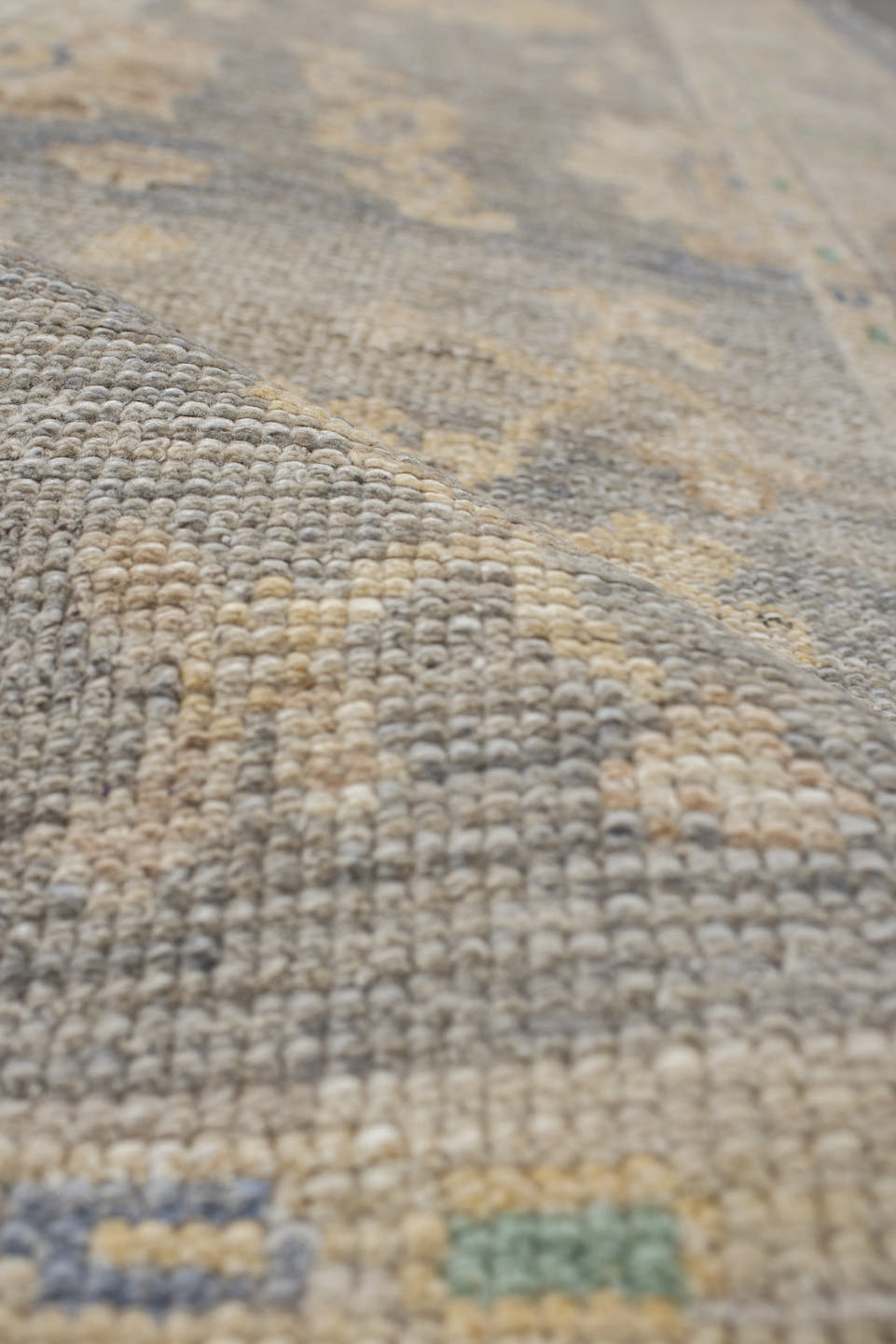 2' x 10' one-of-a-kind handmade vintage Oushak runner rug. Color palette: gray, ivory, cream, pale blue, sage, gold, taupe