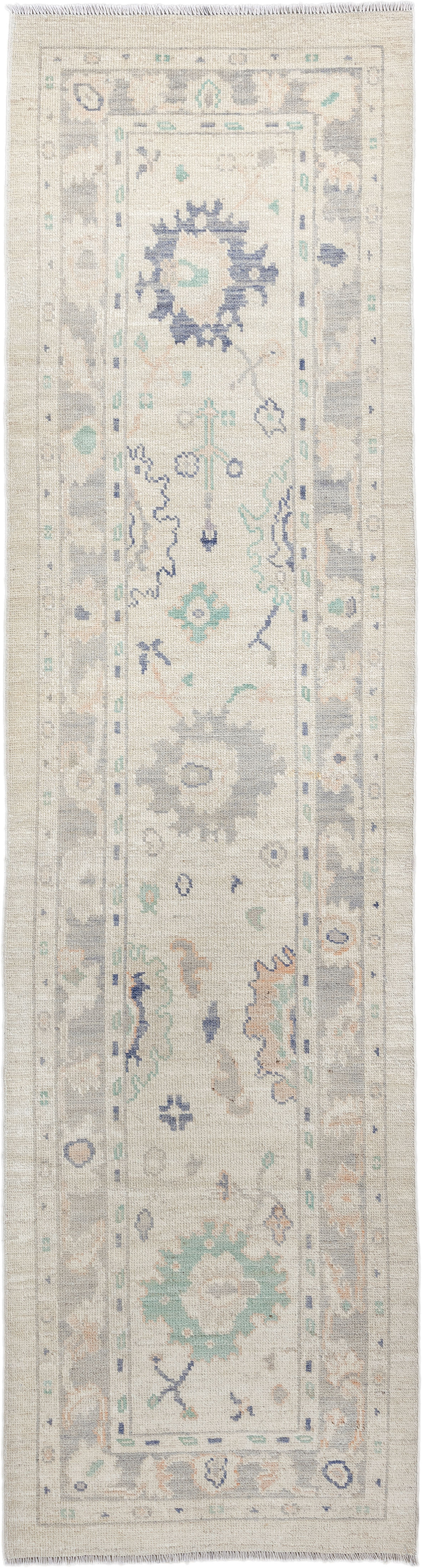 2' x 10' one-of-a-kind handmade vintage Oushak runner rug. Color palette: ivory, light gray, aqua, blue, beige, peach, teal