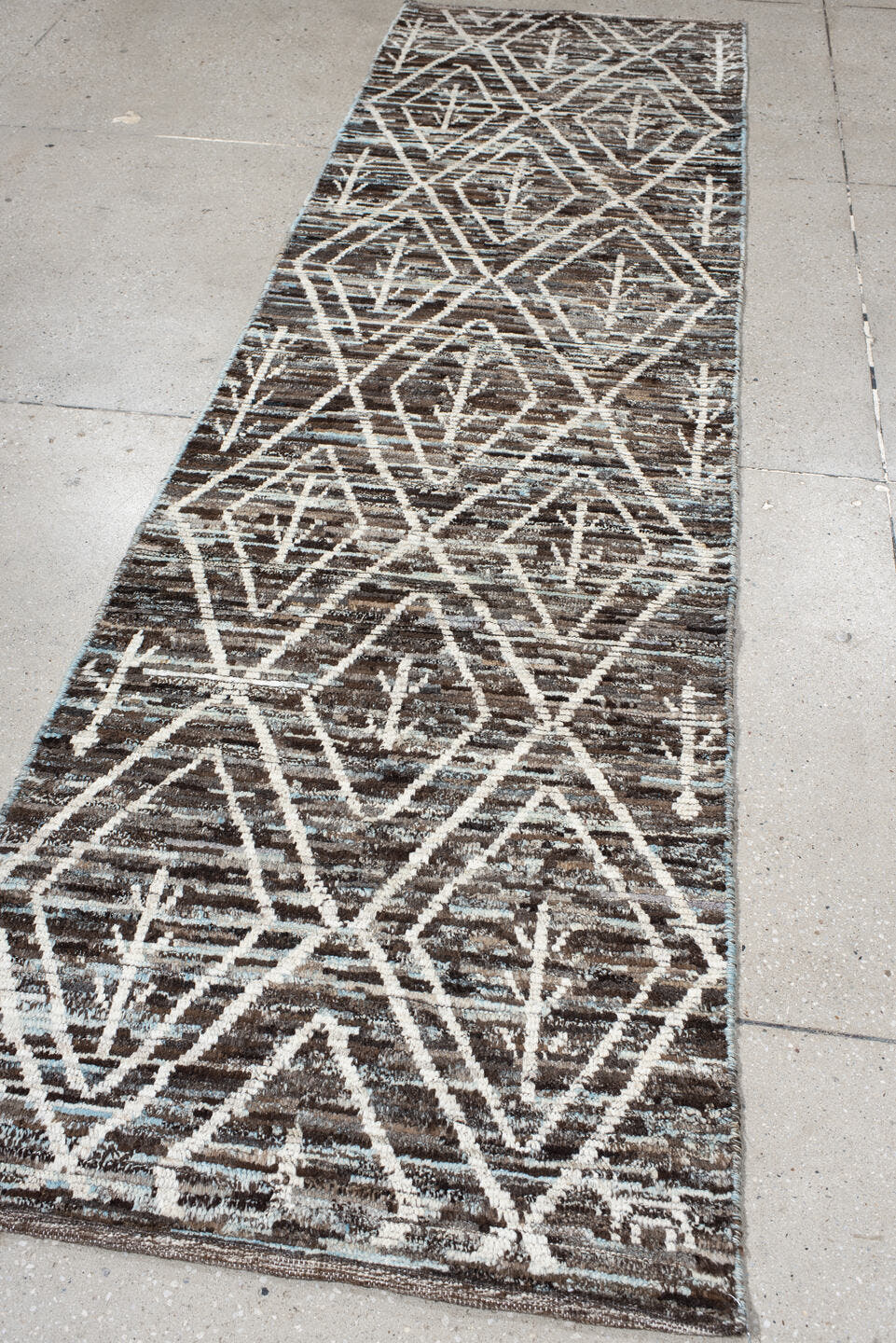2' x 10' one-of-a-kind handmade vintage Kilim runner rug. Color palette: brown, ivory, taupe, charcoal, cream, beige, gray
