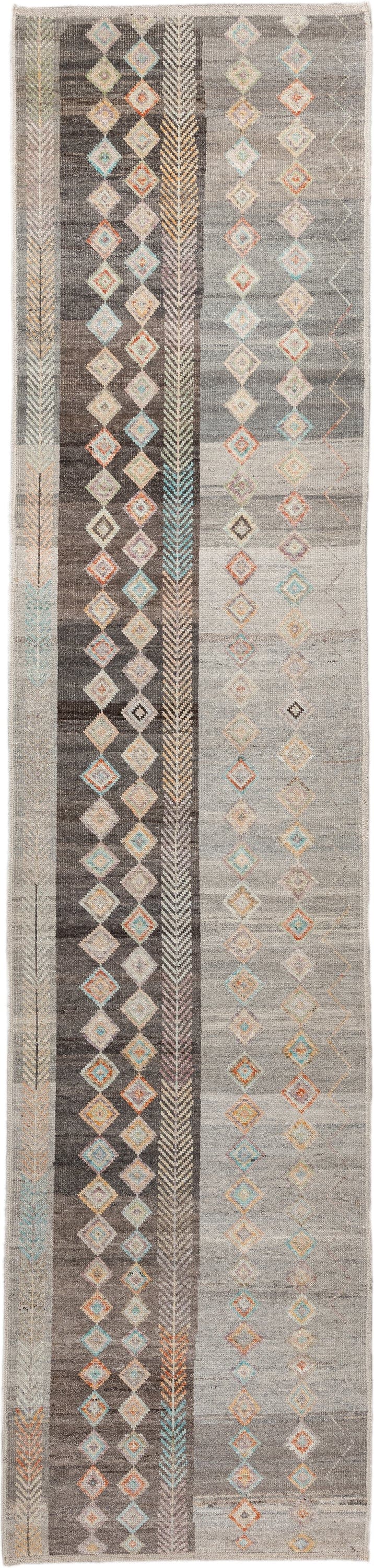 3' x 13' one-of-a-kind handmade vintage Kilim runner rug. Color palette: gray, charcoal, ivory, taupe, turquoise