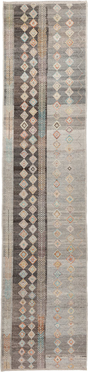 3' x 13' one-of-a-kind handmade vintage Kilim runner rug. Color palette: gray, charcoal, ivory, taupe, turquoise