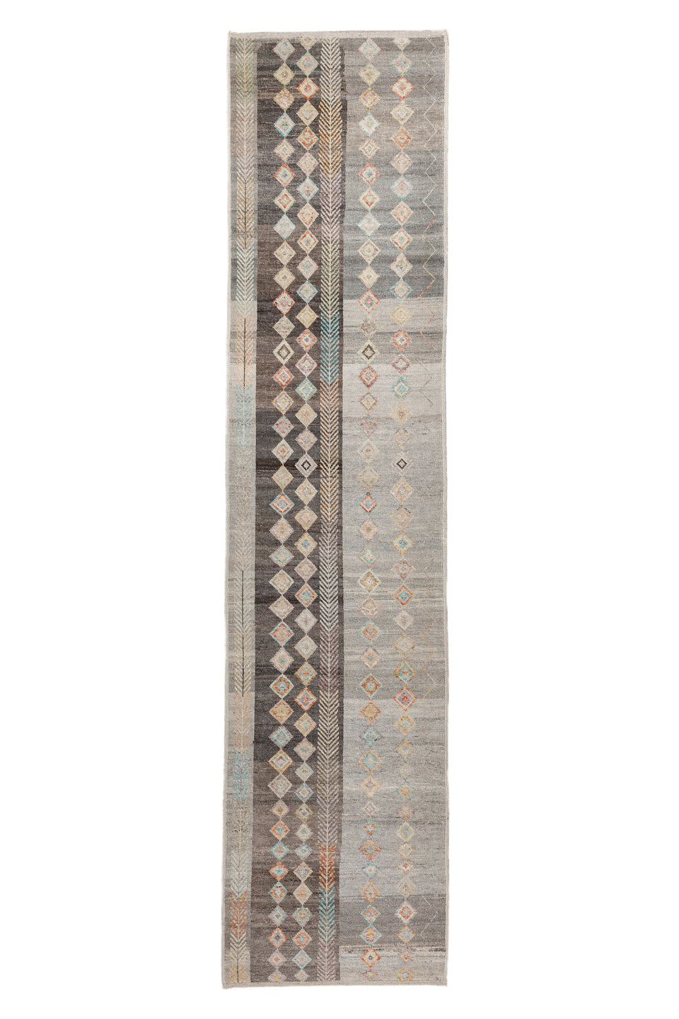3' x 13' one-of-a-kind handmade vintage Kilim runner rug. Color palette: blue, brown, gray, light gray, off-white, pink