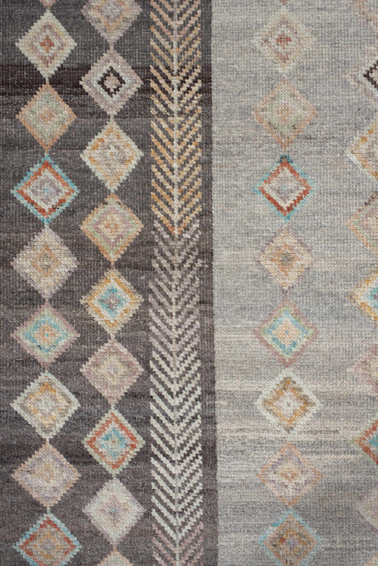 3' x 13' one-of-a-kind handmade vintage Kilim runner rug. Color palette: gray, charcoal, ivory, taupe, turquoise
