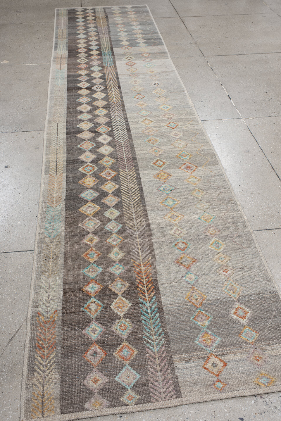 3' x 13' one-of-a-kind handmade vintage Kilim runner rug. Color palette: gray, charcoal, ivory, taupe, turquoise