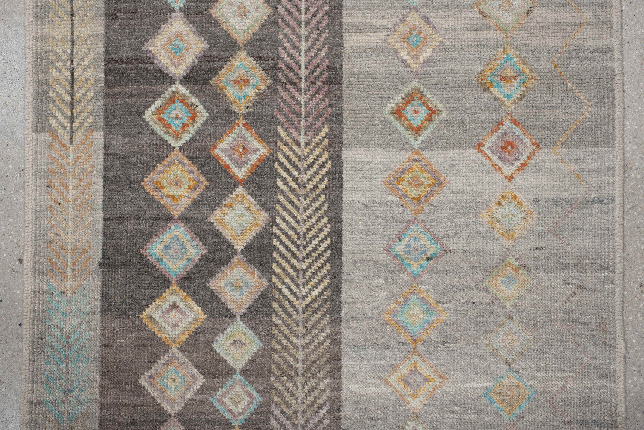3' x 13' one-of-a-kind handmade vintage Kilim runner rug. Color palette: blue, brown, gray, light gray, off-white, pink