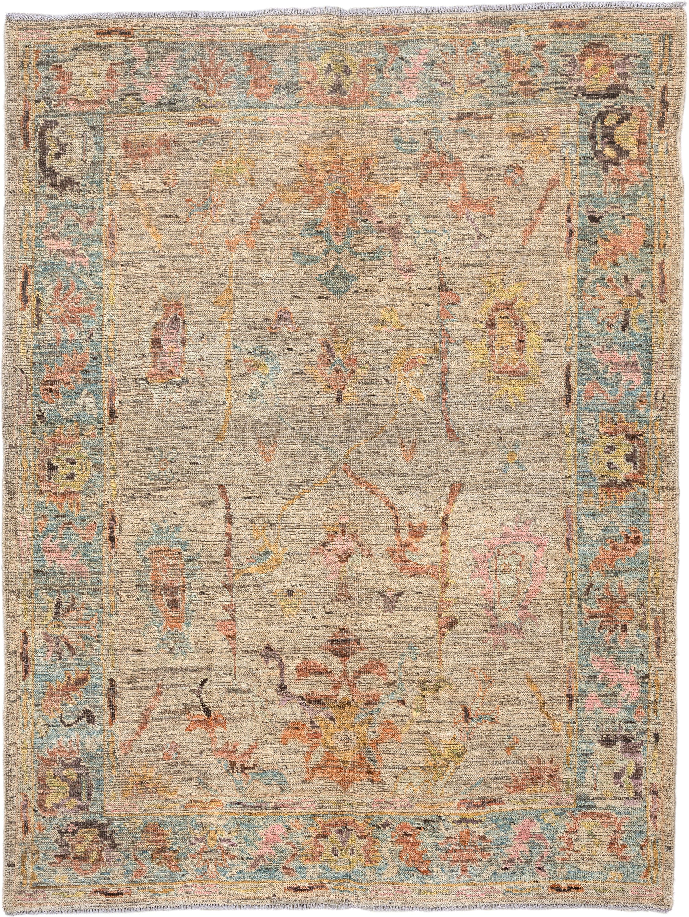5' x 7' one-of-a-kind handmade vintage Oushak rug. Color palette: beige, aqua, terra cotta, ivory, sage, gold, rose