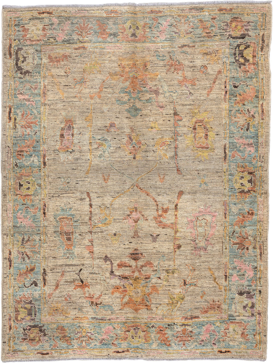 5' x 7' one-of-a-kind handmade vintage Oushak rug. Color palette: beige, aqua, terra cotta, ivory, sage, gold, rose
