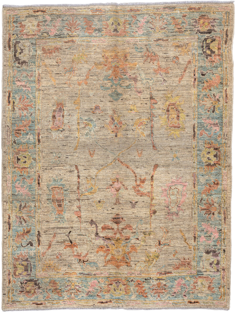 5' x 7' one-of-a-kind handmade vintage Oushak rug. Color palette: beige, aqua, terra cotta, ivory, sage, gold, rose