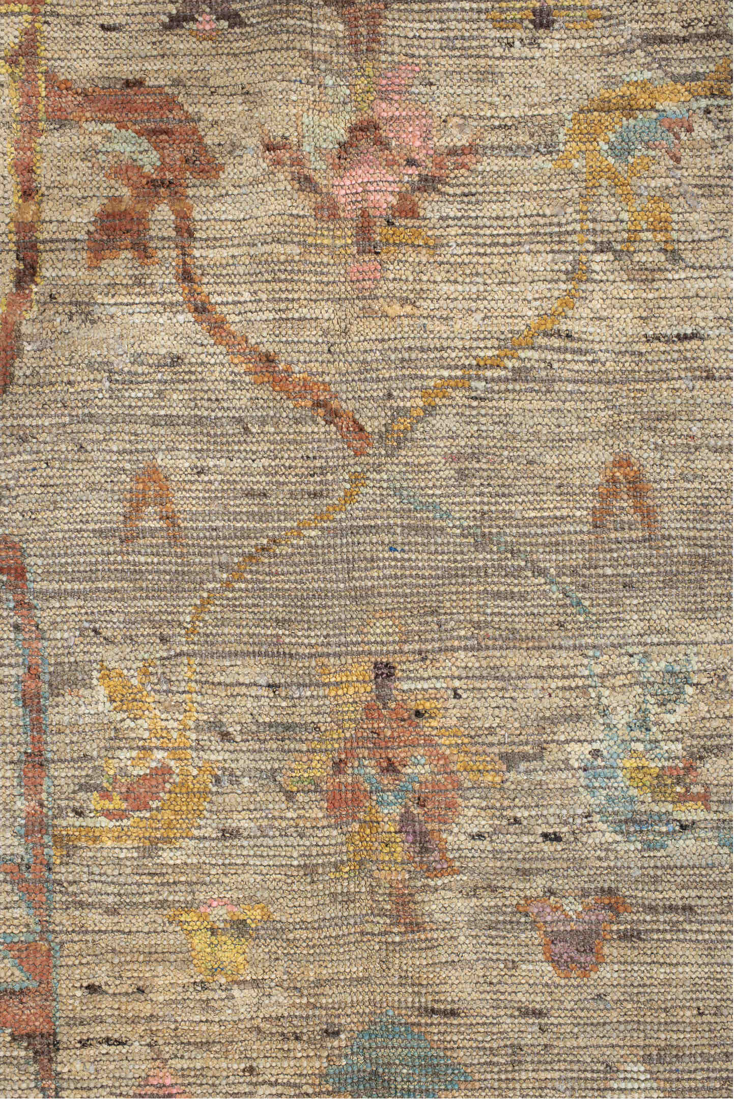 5' x 7' one-of-a-kind handmade vintage Oushak rug. Color palette: antiquewhite, blanched almond, brown, gray, off-white