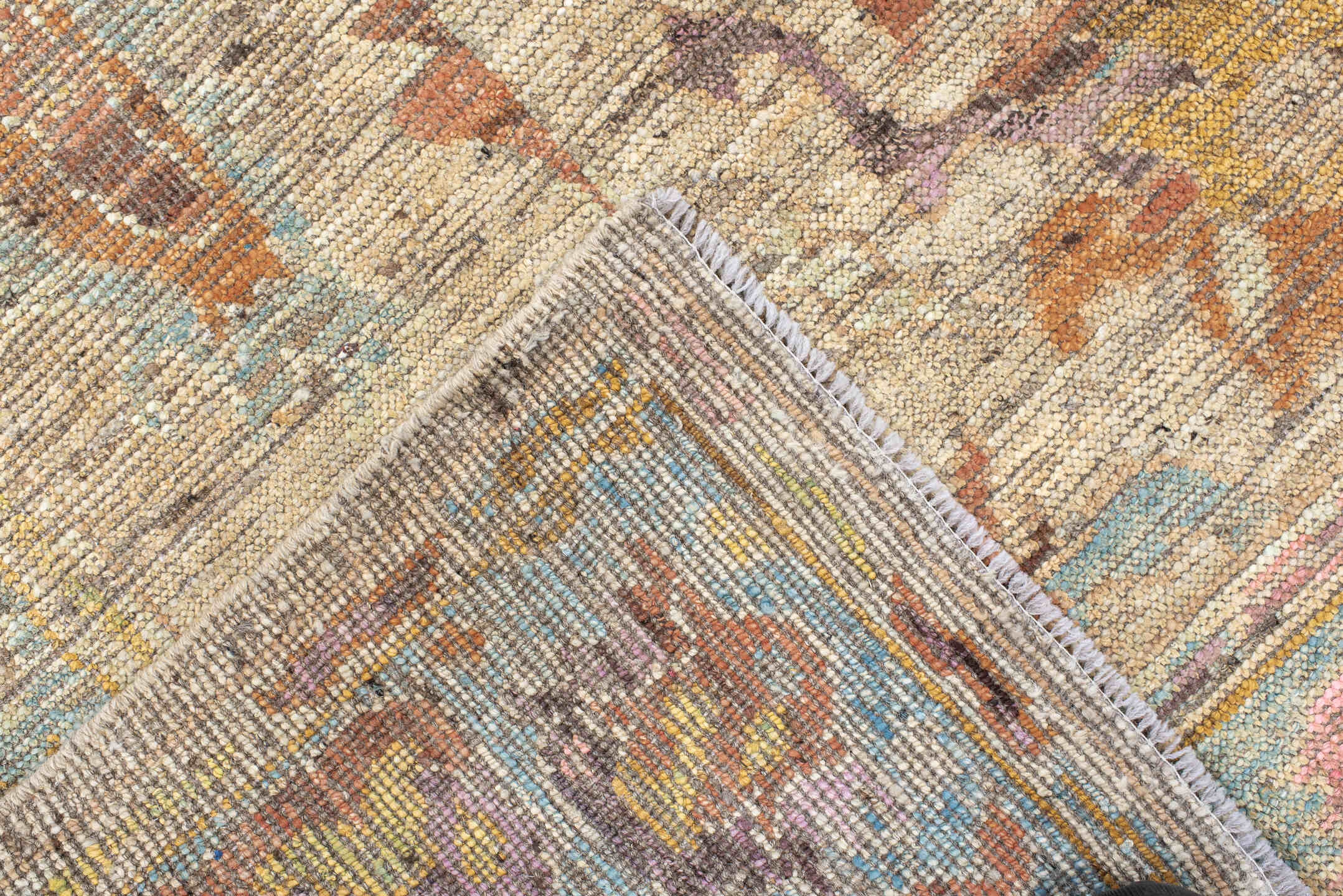 5' x 7' one-of-a-kind handmade vintage Oushak rug. Color palette: beige, aqua, terra cotta, ivory, sage, gold, rose