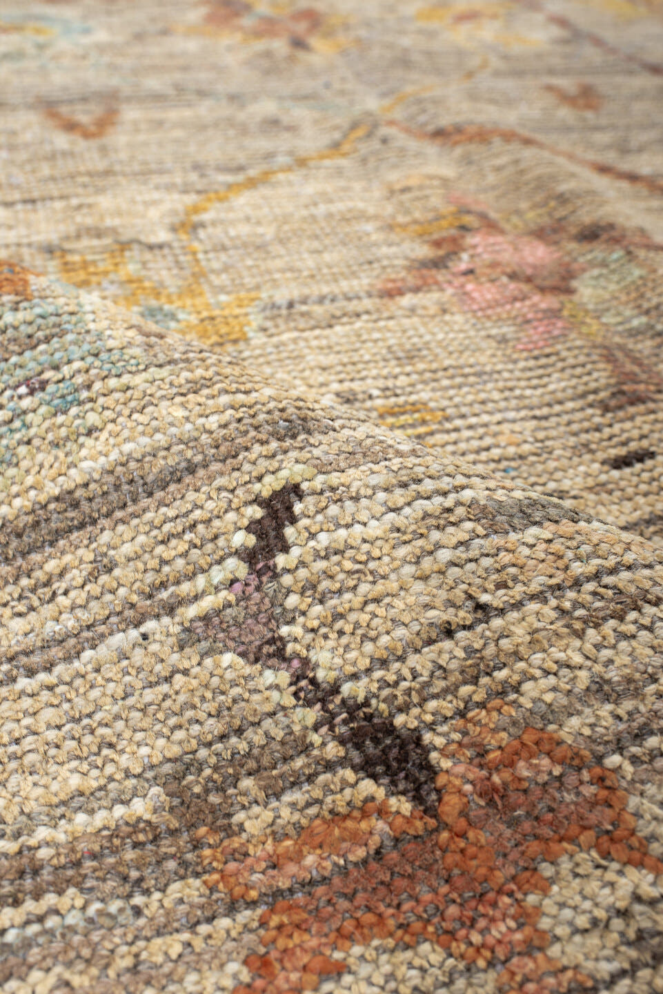 5' x 7' one-of-a-kind handmade vintage Oushak rug. Color palette: beige, aqua, terra cotta, ivory, sage, gold, rose