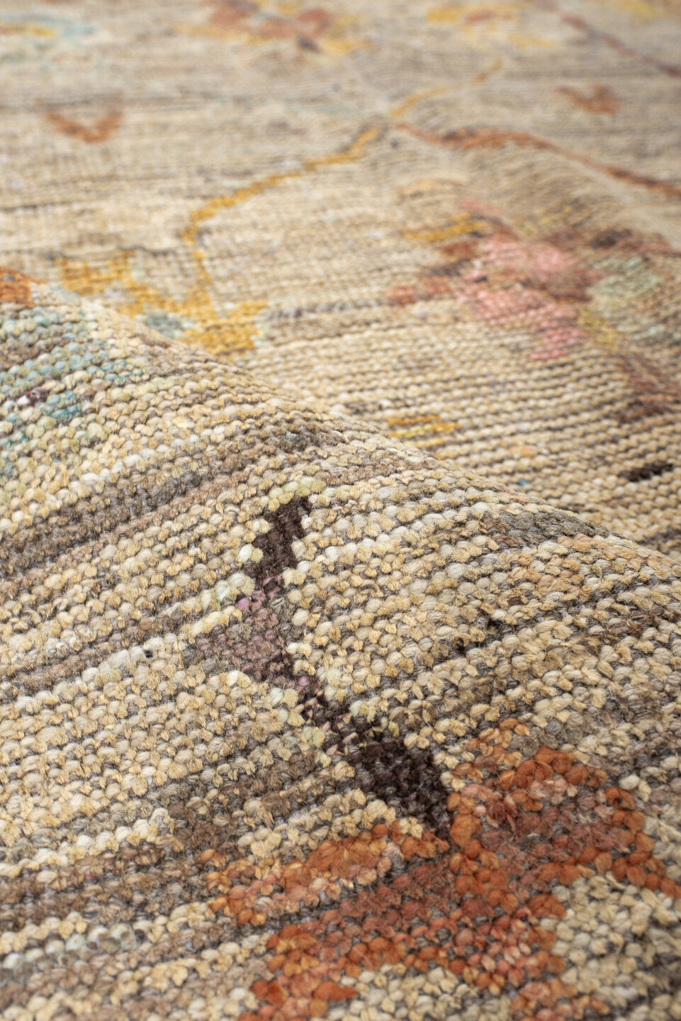 5' x 7' one-of-a-kind handmade vintage Oushak rug. Color palette: beige, aqua, terra cotta, ivory, sage, gold, rose