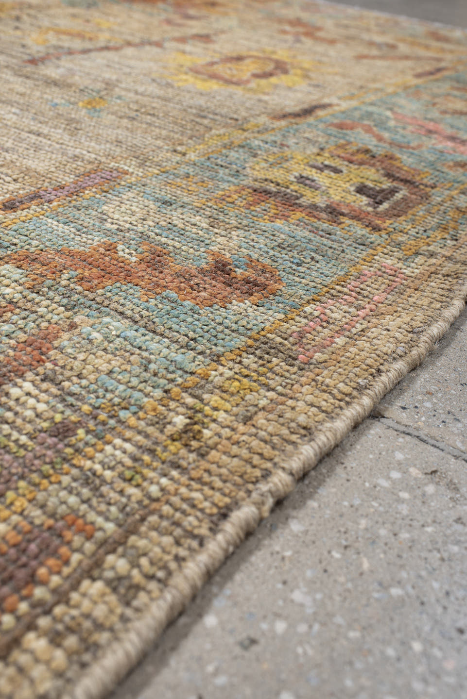 5' x 7' one-of-a-kind handmade vintage Oushak rug. Color palette: beige, aqua, terra cotta, ivory, sage, gold, rose