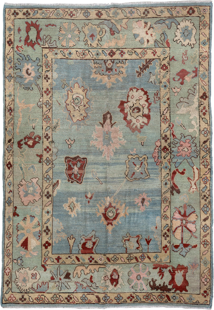 5' x 7' one-of-a-kind handmade vintage Oushak medium size rug. Color palette: sky blue, ivory, pale aqua, rust, blush, taupe