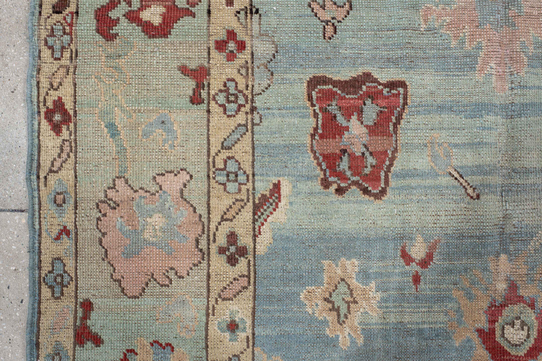 5' x 7' one-of-a-kind handmade vintage Oushak medium size rug. Color palette: sky blue, ivory, pale aqua, rust, blush, taupe