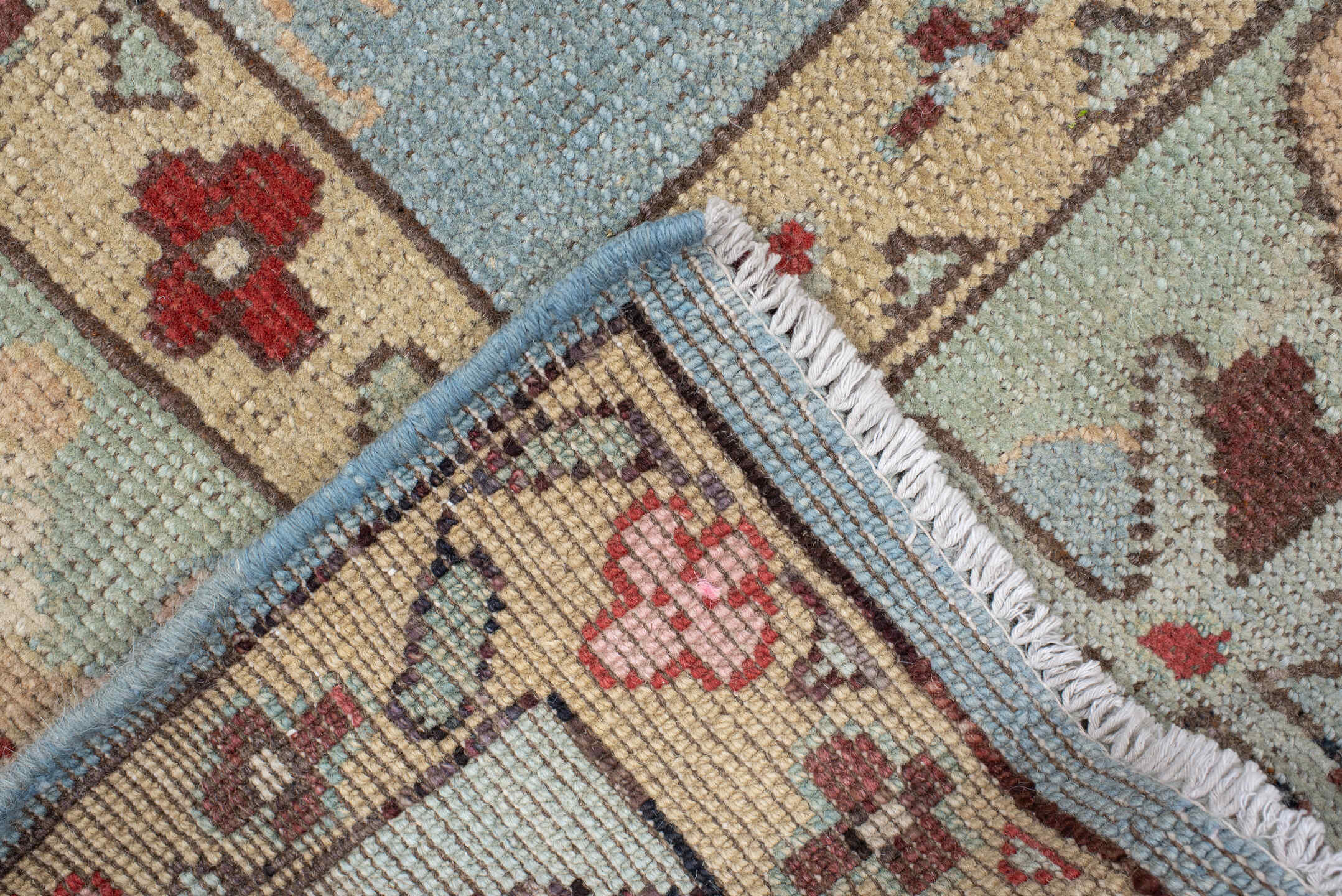 5' x 7' one-of-a-kind handmade vintage Oushak medium size rug. Color palette: sky blue, ivory, pale aqua, rust, blush, taupe