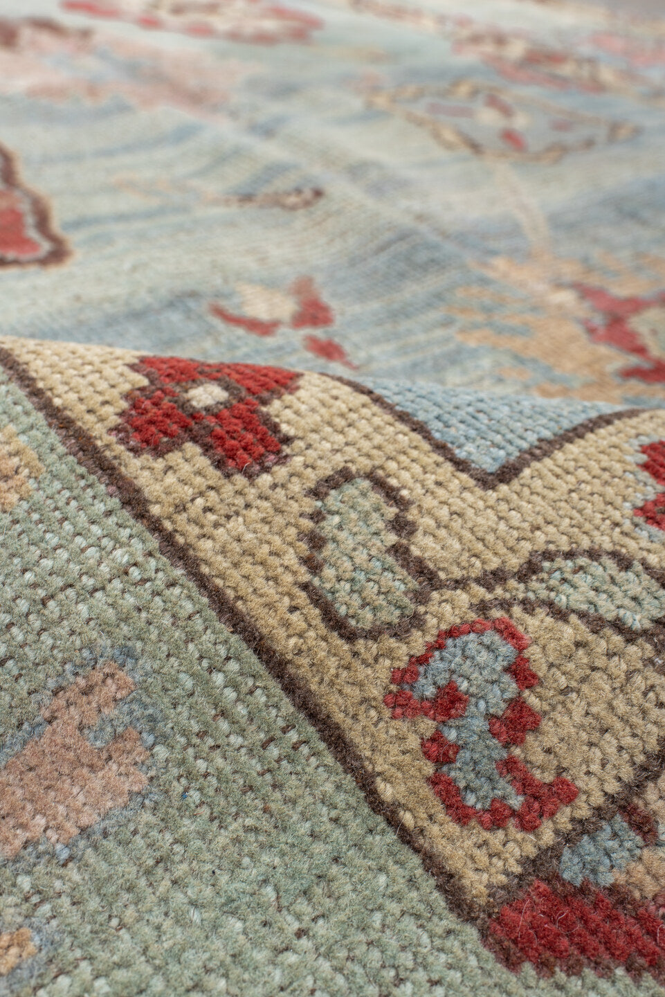 5' x 7' one-of-a-kind handmade vintage Oushak medium size rug. Color palette: sky blue, ivory, pale aqua, rust, blush, taupe