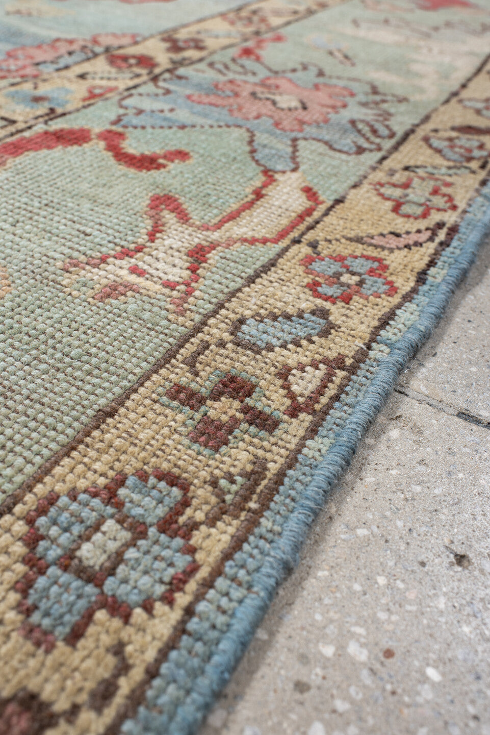 5' x 7' one-of-a-kind handmade vintage Oushak medium size rug. Color palette: sky blue, ivory, pale aqua, rust, blush, taupe