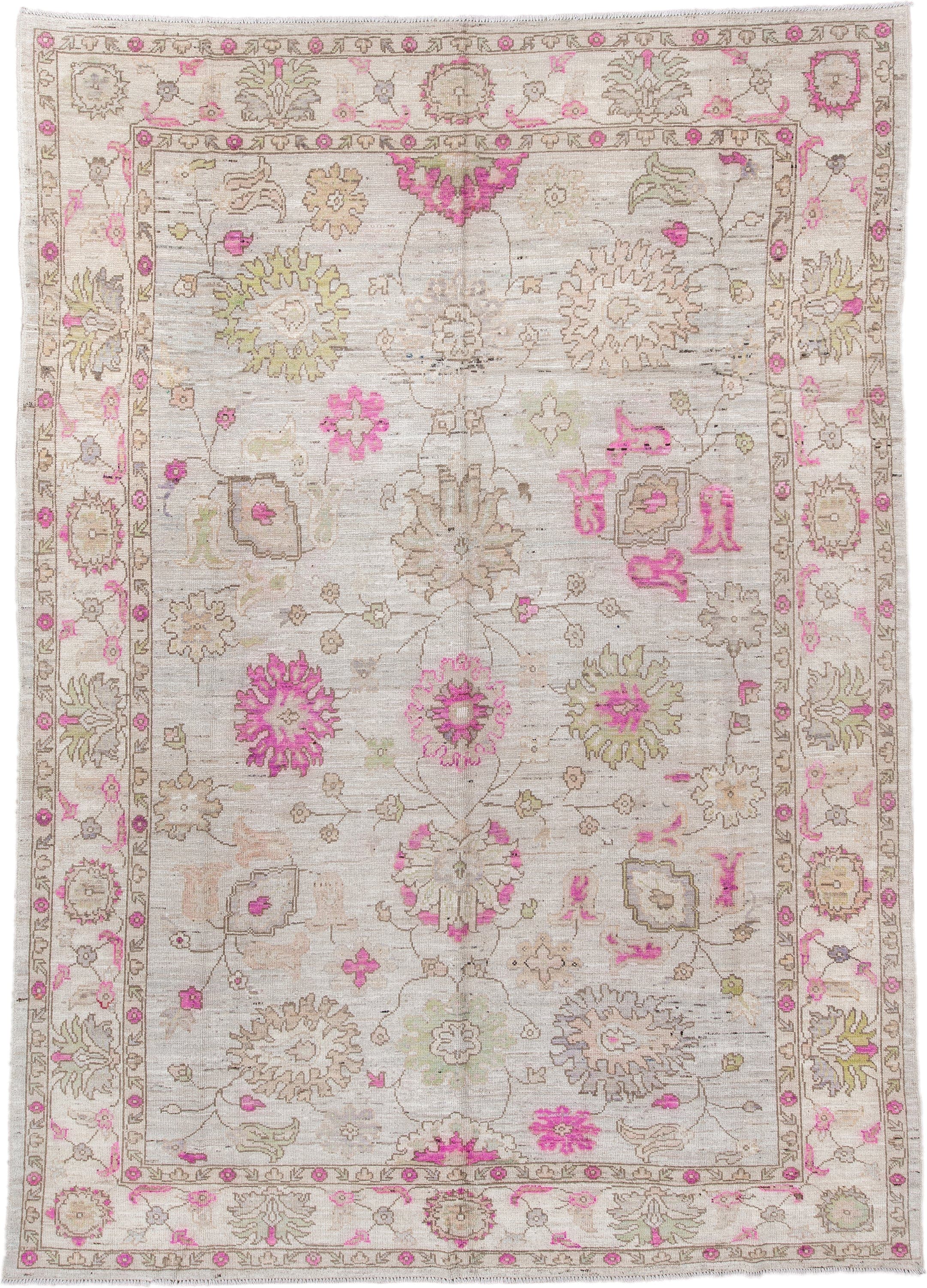 8' x 12' one-of-a-kind handmade vintage Oushak large size rug. Color palette: ivory, taupe, pink, beige, pale olive, cream