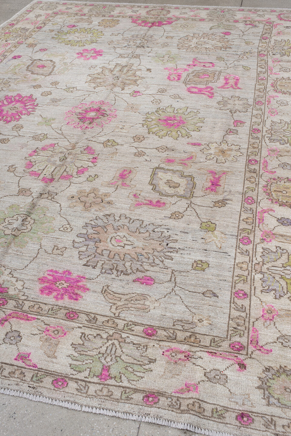 8' x 12' one-of-a-kind handmade vintage Oushak large size rug. Color palette: ivory, taupe, pink, beige, pale olive, cream