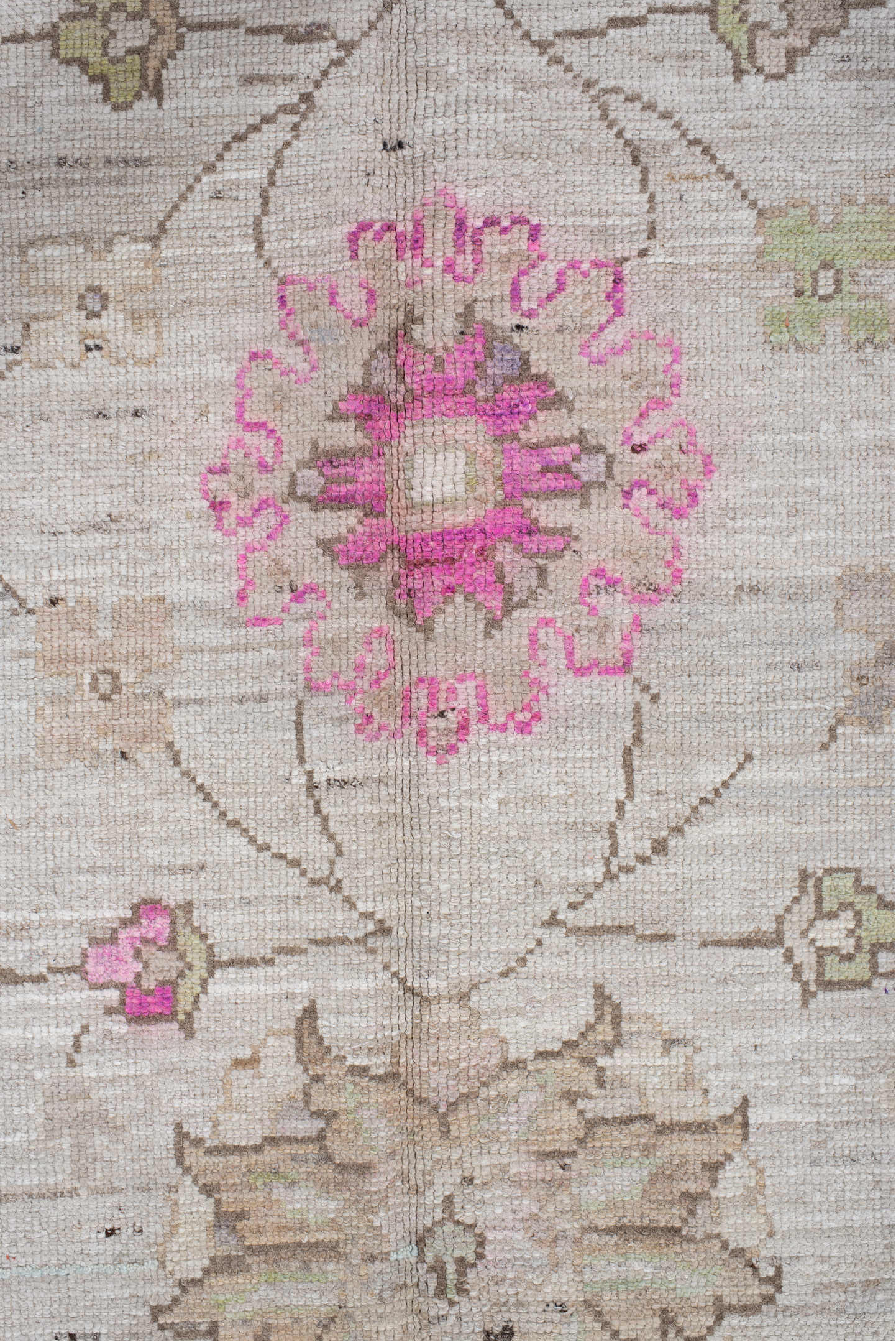 8' x 12' one-of-a-kind handmade vintage Oushak large size rug. Color palette: ivory, taupe, pink, beige, pale olive, cream