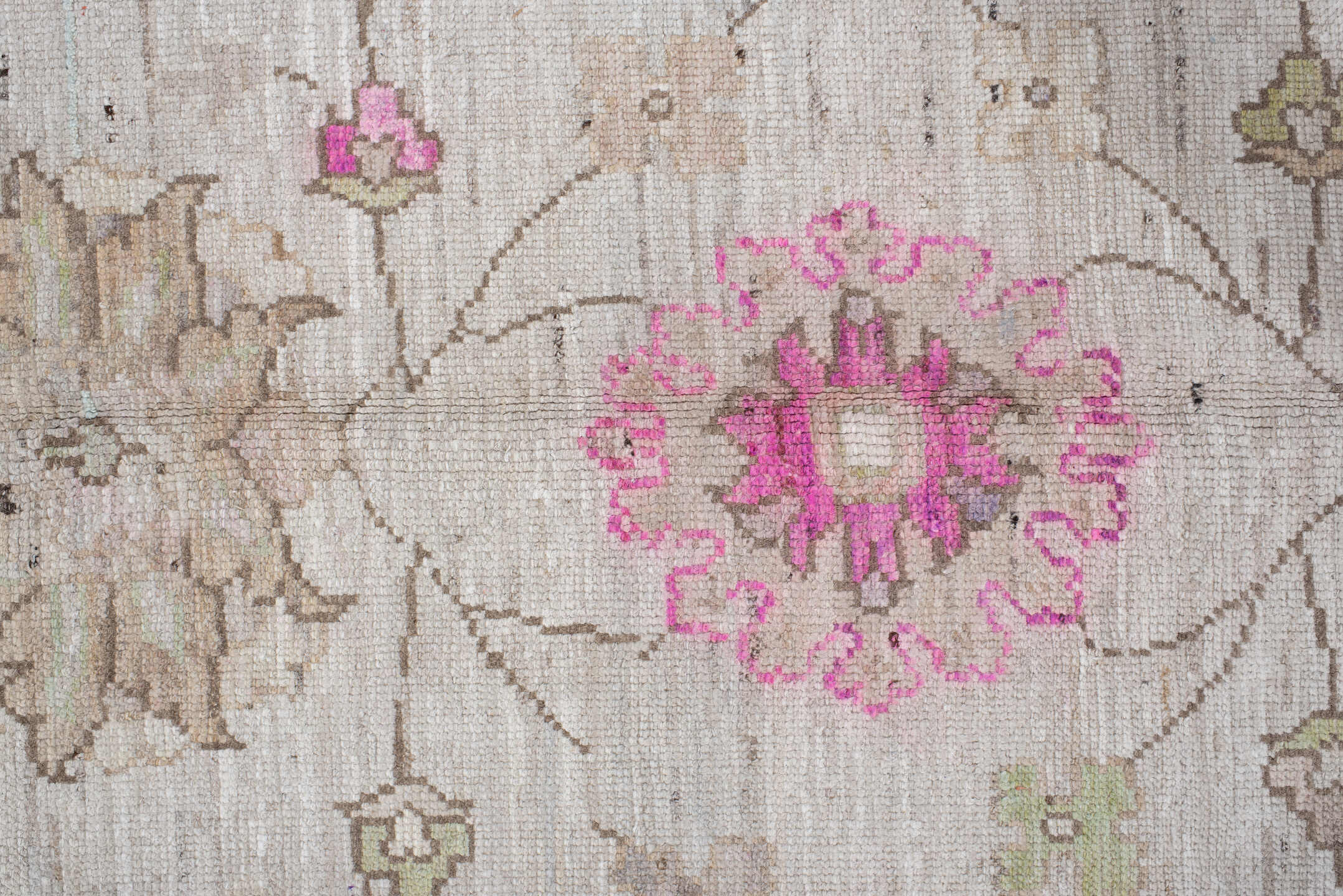 8' x 12' one-of-a-kind handmade vintage Oushak large size rug. Color palette: brown, dark gray, gray, light gray, linen