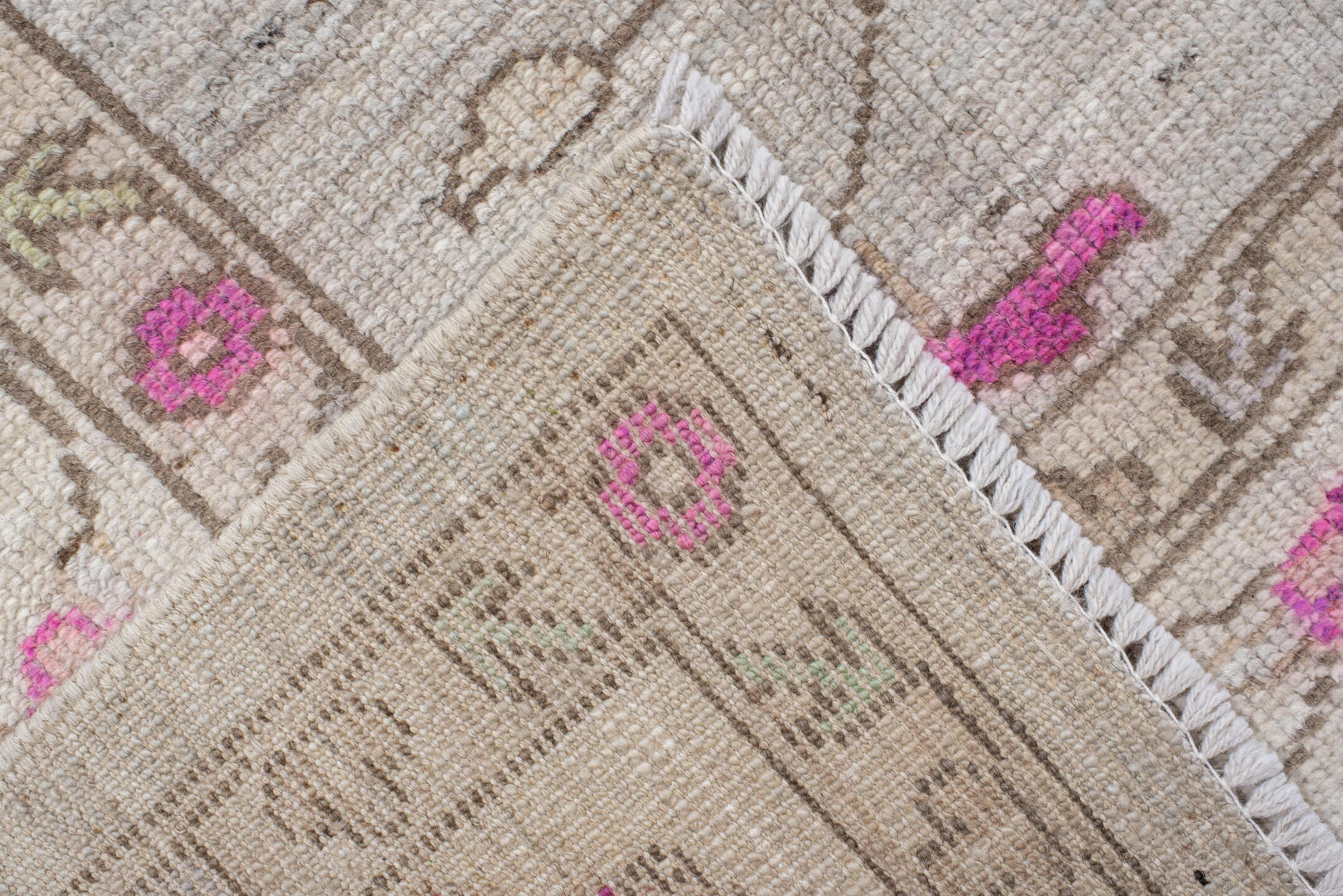 8' x 12' one-of-a-kind handmade vintage Oushak large size rug. Color palette: ivory, taupe, pink, beige, pale olive, cream