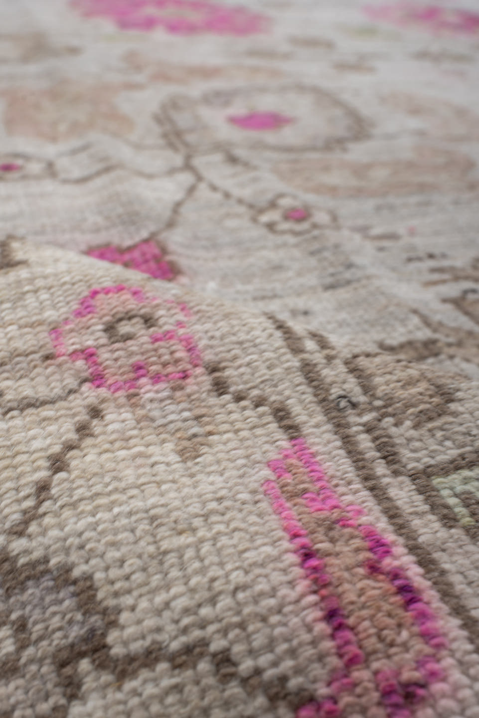 8' x 12' one-of-a-kind handmade vintage Oushak large size rug. Color palette: ivory, taupe, pink, beige, pale olive, cream