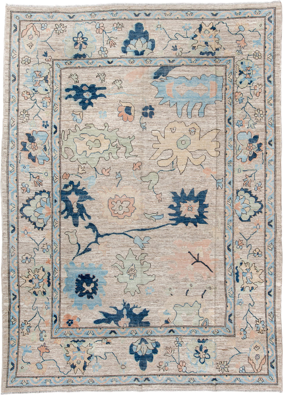 10' x 13' one-of-a-kind handmade vintage Oushak large size rug. Color palette: ivory, sky blue, navy, blush, sage, taupe