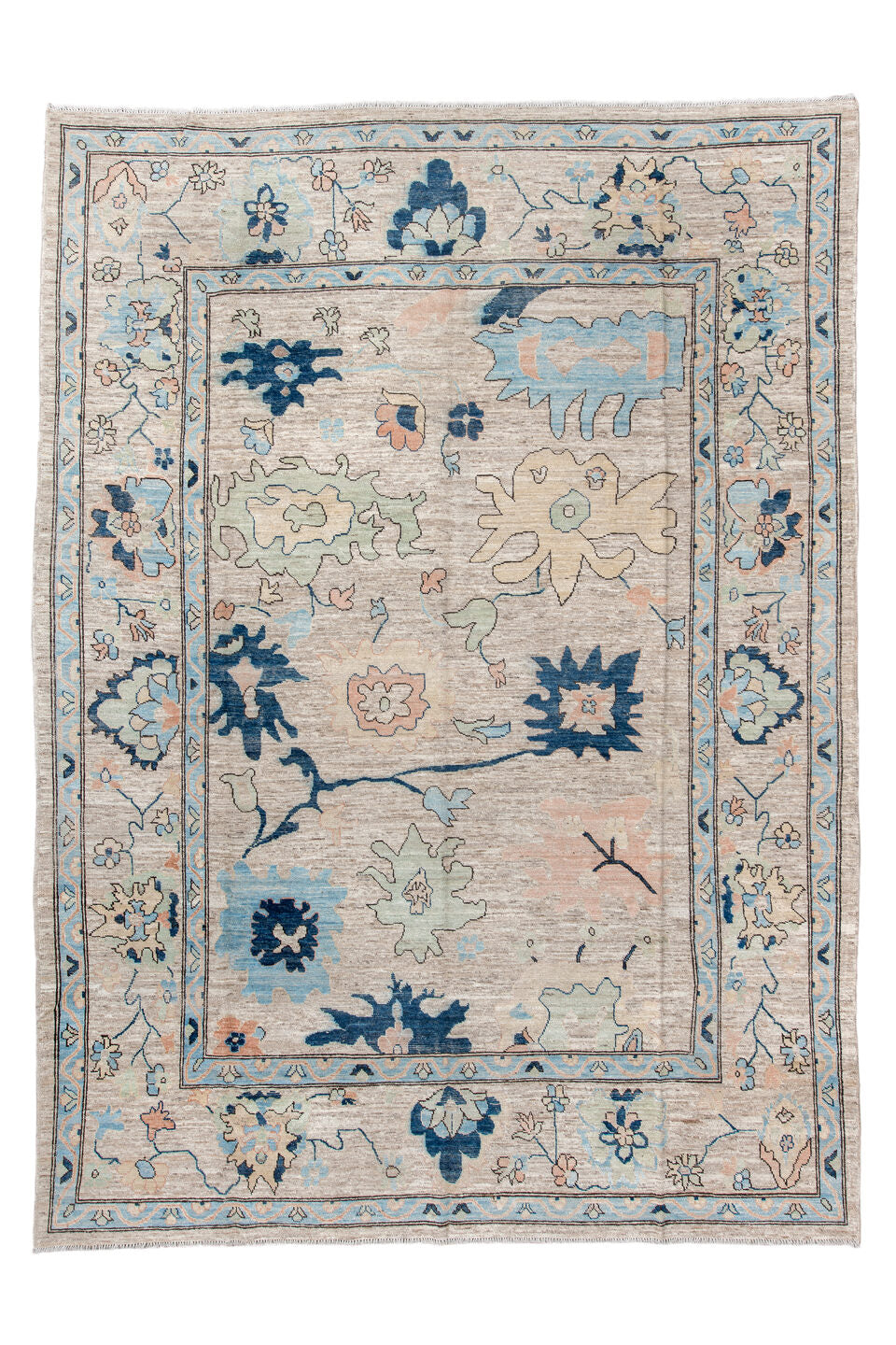 10' x 13' one-of-a-kind handmade vintage Oushak large size rug. Color palette: arapawa, blue, brown, dim gray, gainsboro