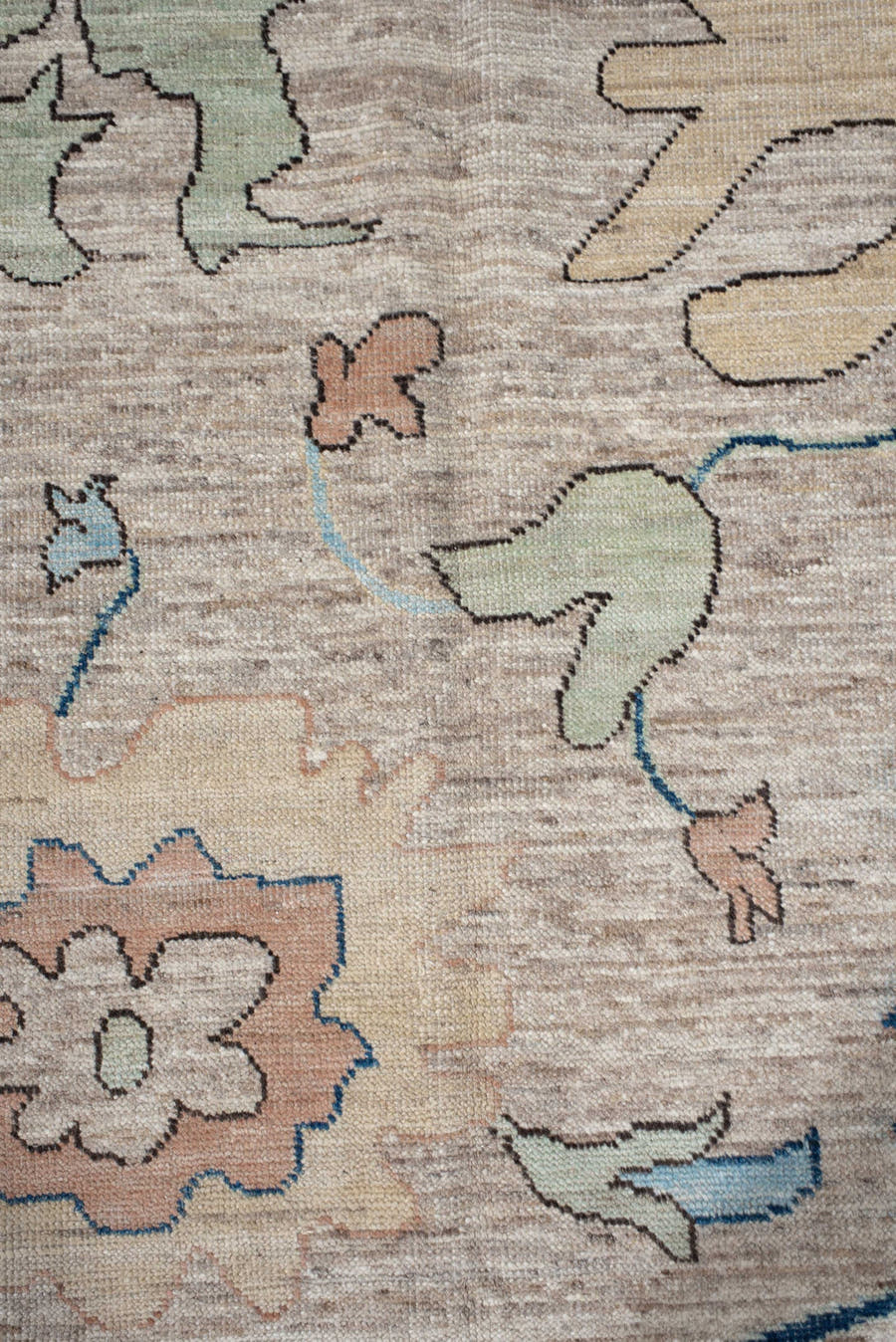 10' x 13' one-of-a-kind handmade vintage Oushak large size rug. Color palette: ivory, sky blue, navy, blush, sage, taupe