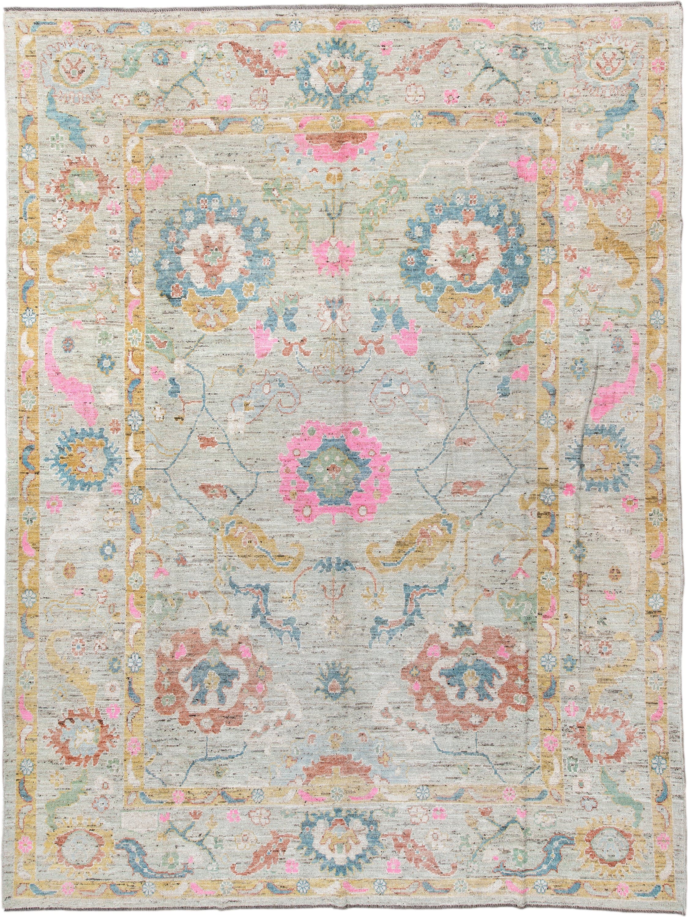 10' x 13' one-of-a-kind handmade vintage Oushak large size rug. Color palette: ivory, sky blue, blush pink, gold