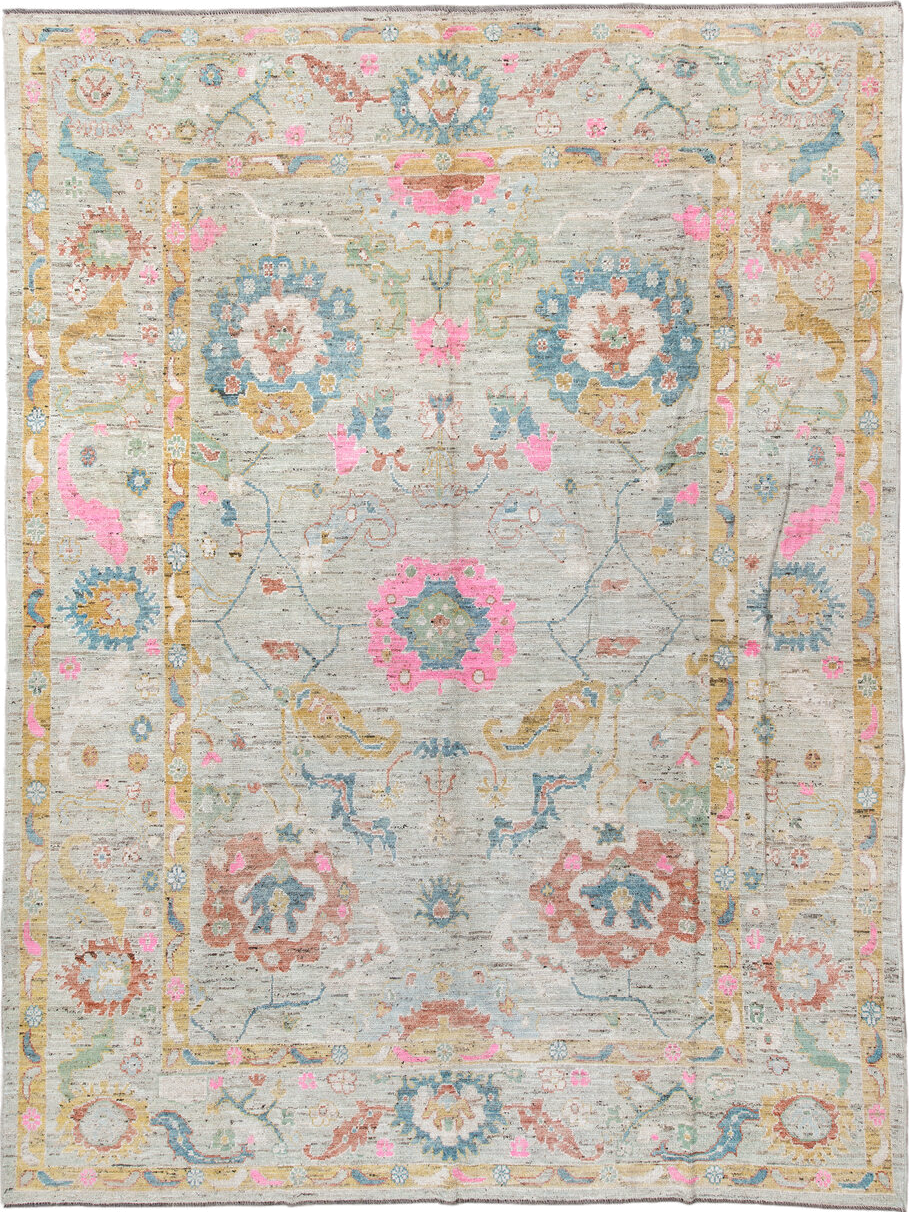 10' x 13' one-of-a-kind handmade vintage Oushak large size rug. Color palette: ivory, sky blue, blush pink, gold