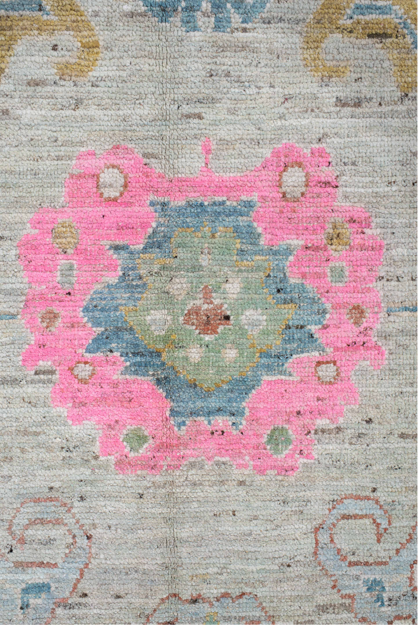 10' x 13' one-of-a-kind handmade vintage Oushak large size rug. Color palette: ivory, sky blue, blush pink, gold