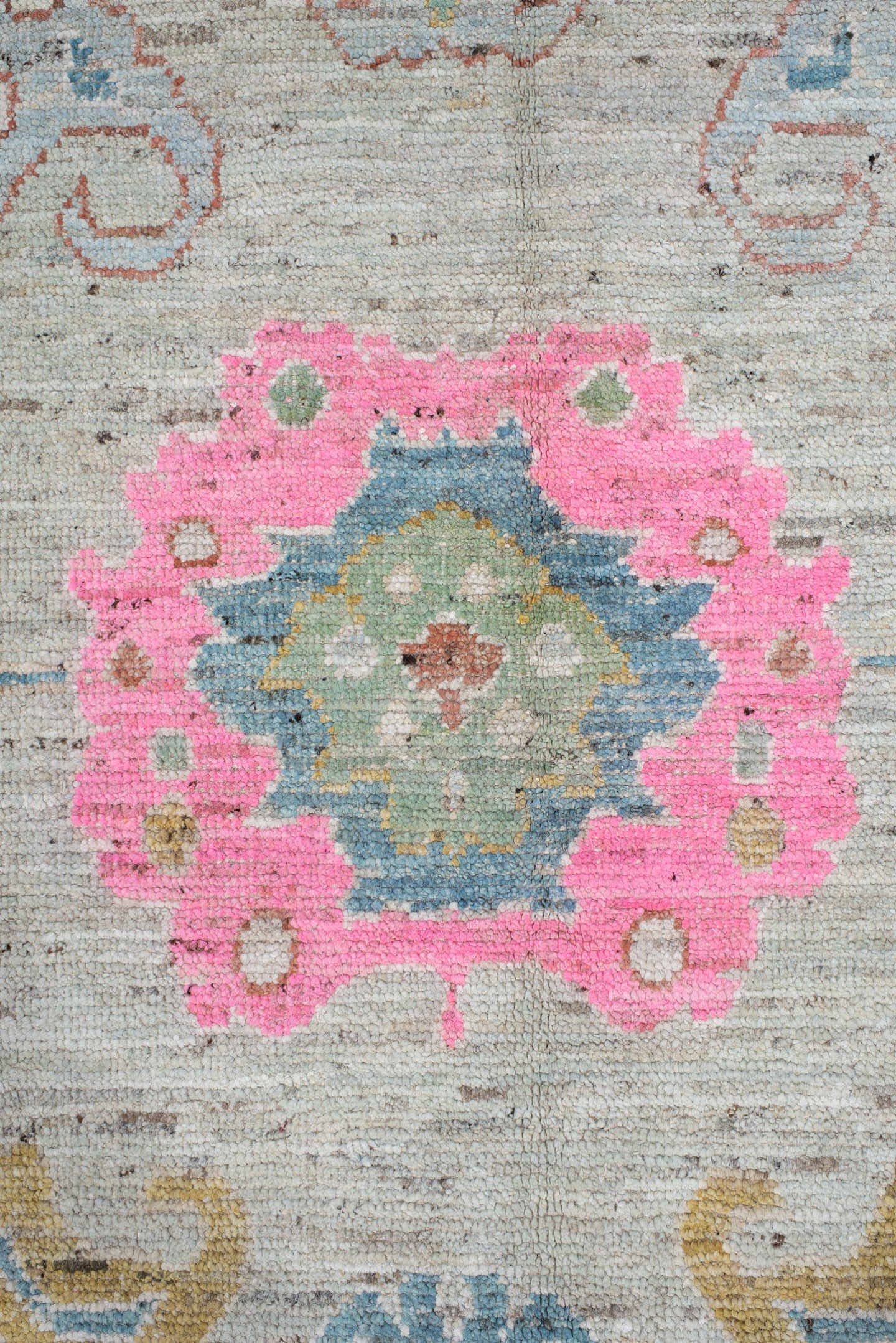 10' x 13' one-of-a-kind handmade vintage Oushak large size rug. Color palette: ivory, sky blue, blush pink, gold