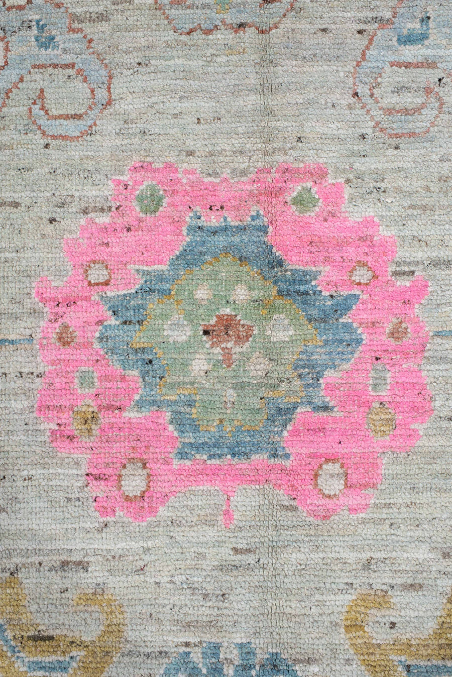 10' x 13' one-of-a-kind handmade vintage Oushak large size rug. Color palette: ivory, sky blue, blush pink, gold