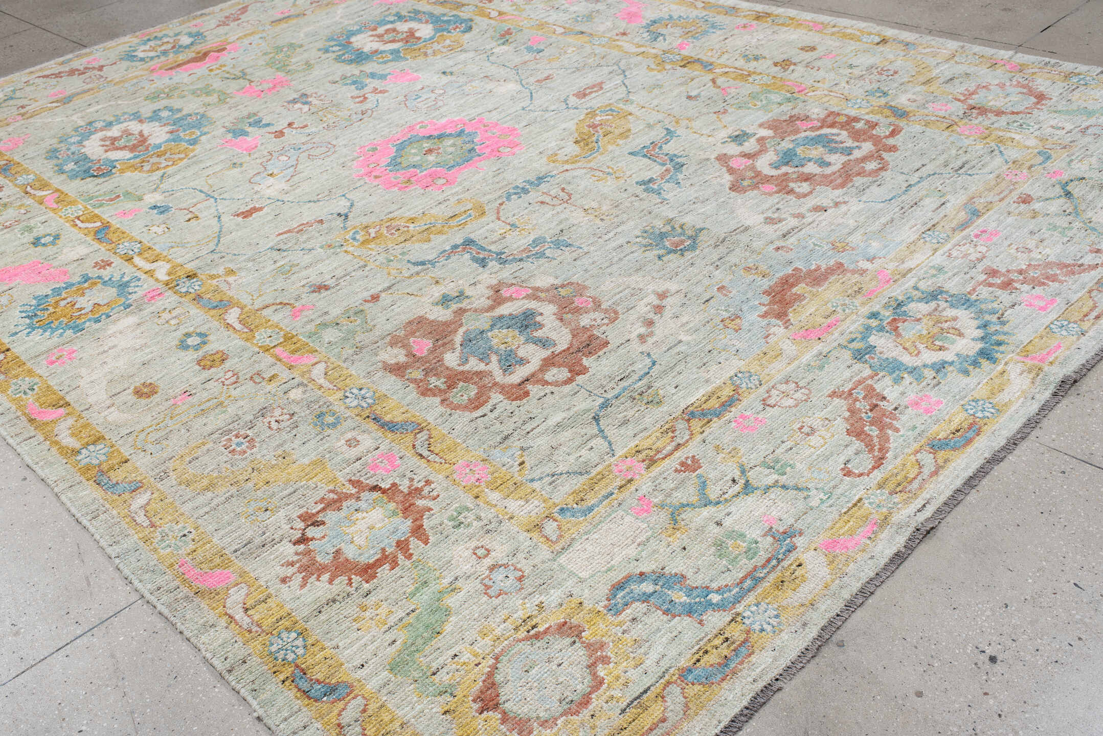 10' x 13' one-of-a-kind handmade vintage Oushak large size rug. Color palette: ivory, sky blue, blush pink, gold