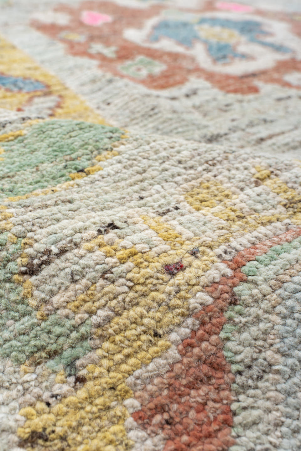 10' x 13' one-of-a-kind handmade vintage Oushak large size rug. Color palette: ivory, sky blue, blush pink, gold