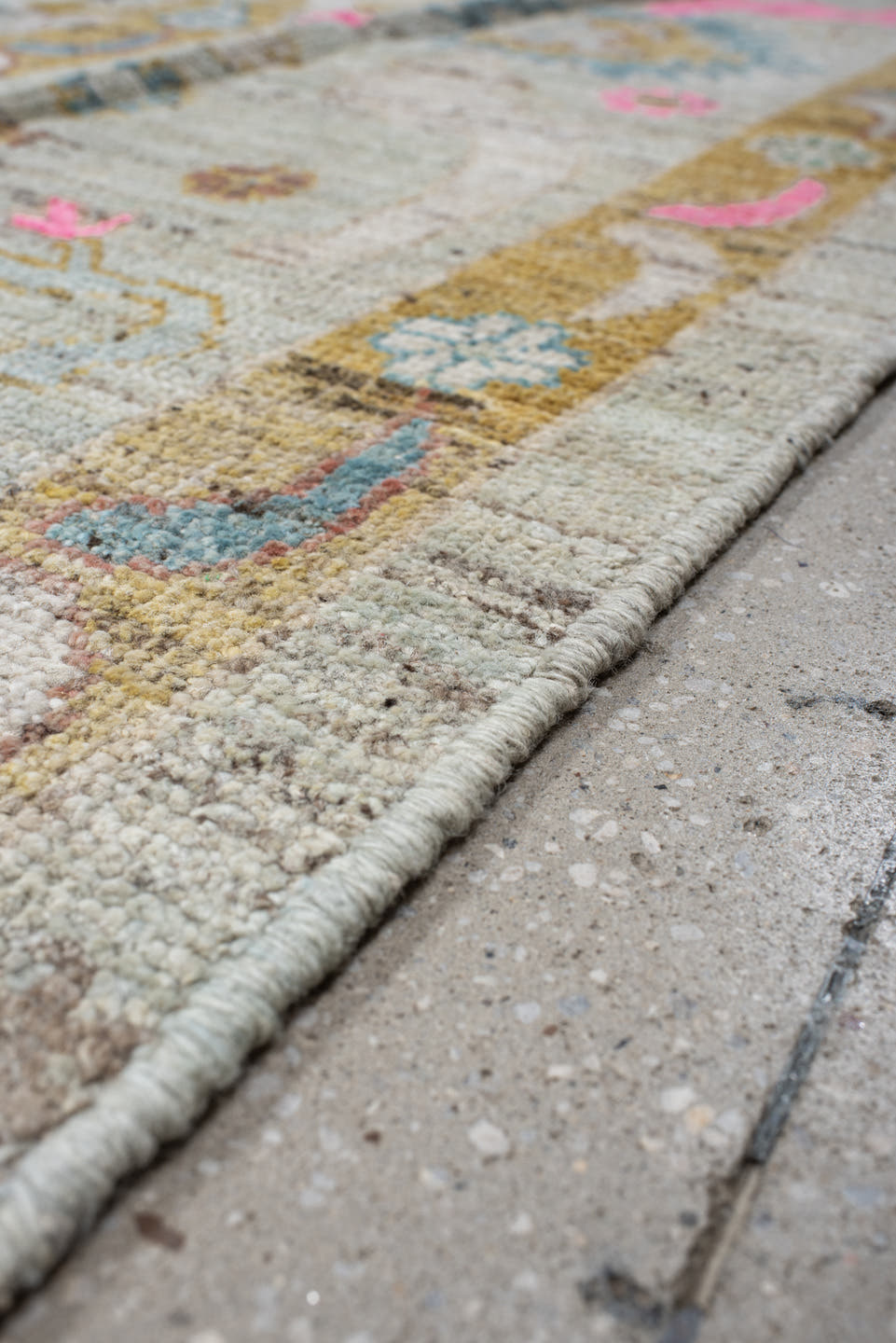 10' x 13' one-of-a-kind handmade vintage Oushak large size rug. Color palette: ivory, sky blue, blush pink, gold