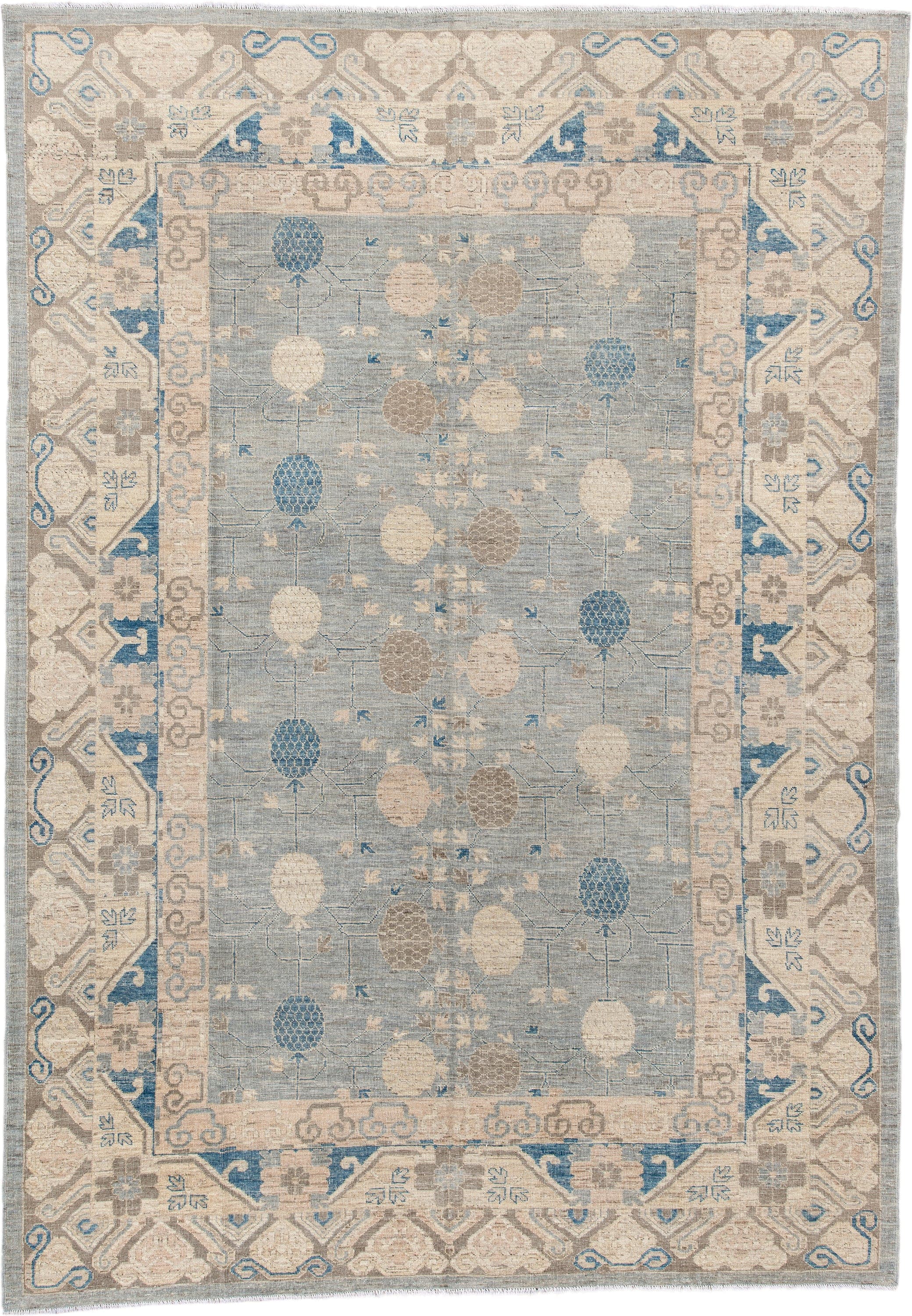 9' x 12' one-of-a-kind handmade vintage Oushak large size rug. Color palette: pale blue, ivory, taupe, sky blue, beige