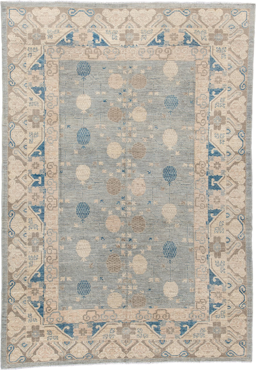 9' x 12' one-of-a-kind handmade vintage Oushak large size rug. Color palette: pale blue, ivory, taupe, sky blue, beige