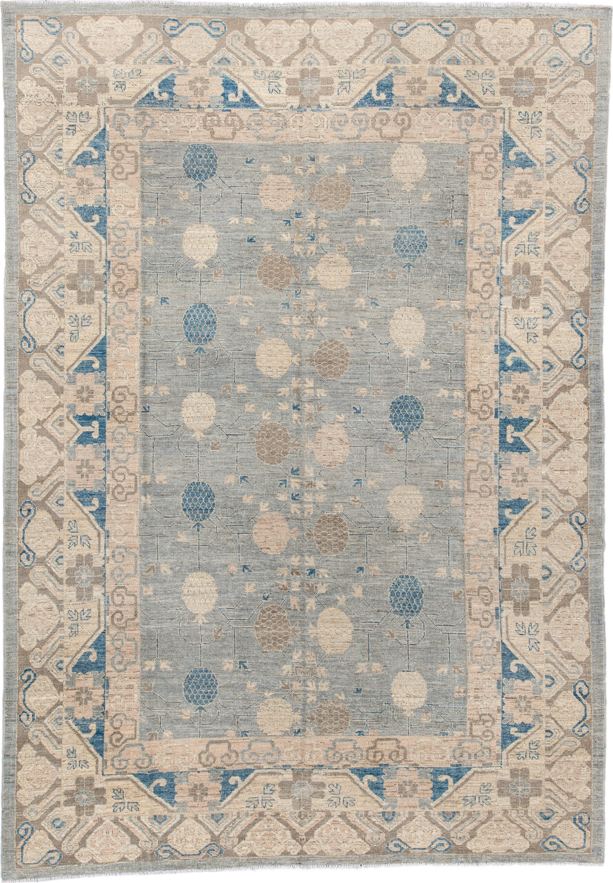 9' x 12' one-of-a-kind handmade vintage Oushak large size rug. Color palette: pale blue, ivory, taupe, sky blue, beige