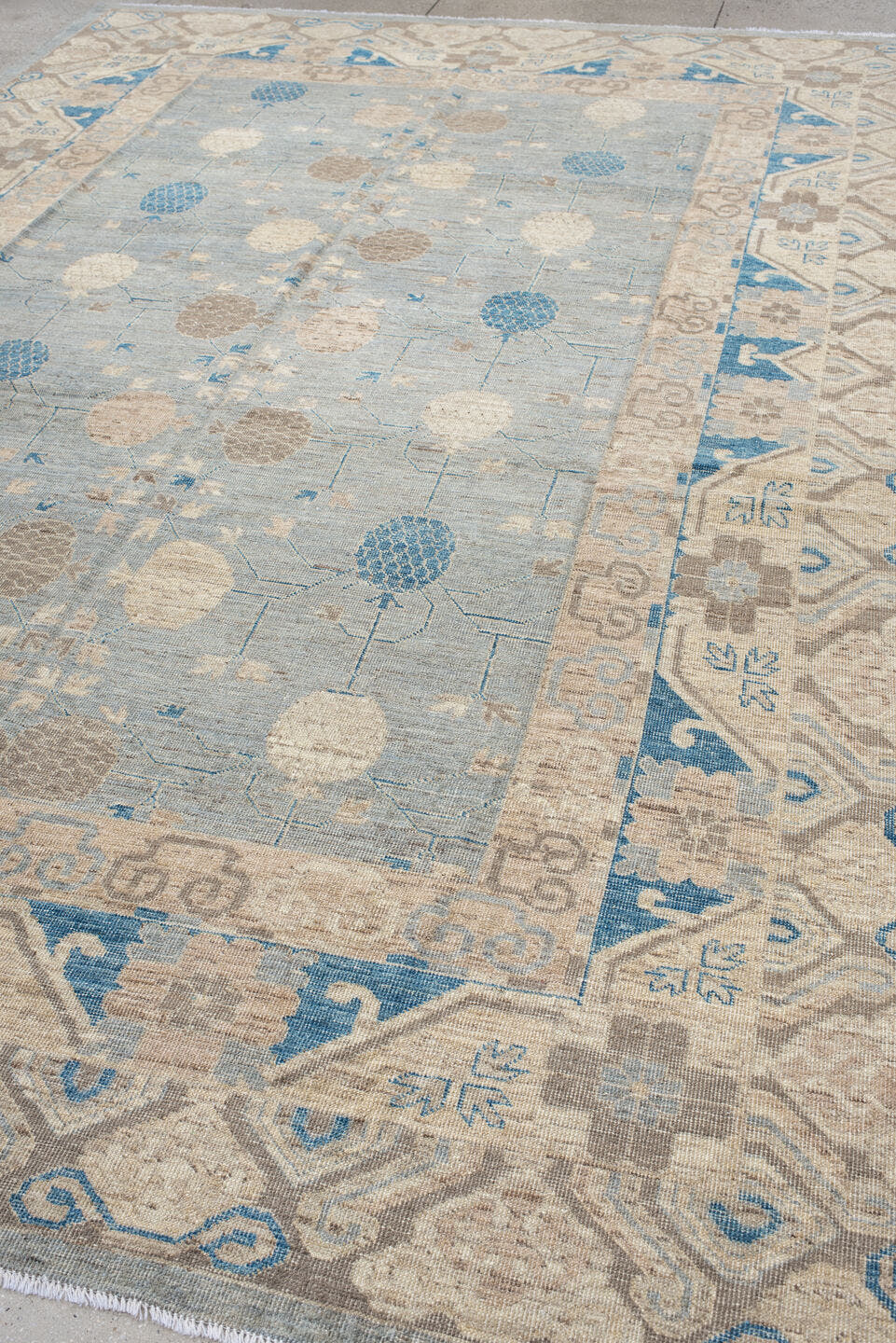 9' x 12' one-of-a-kind handmade vintage Oushak large size rug. Color palette: pale blue, ivory, taupe, sky blue, beige